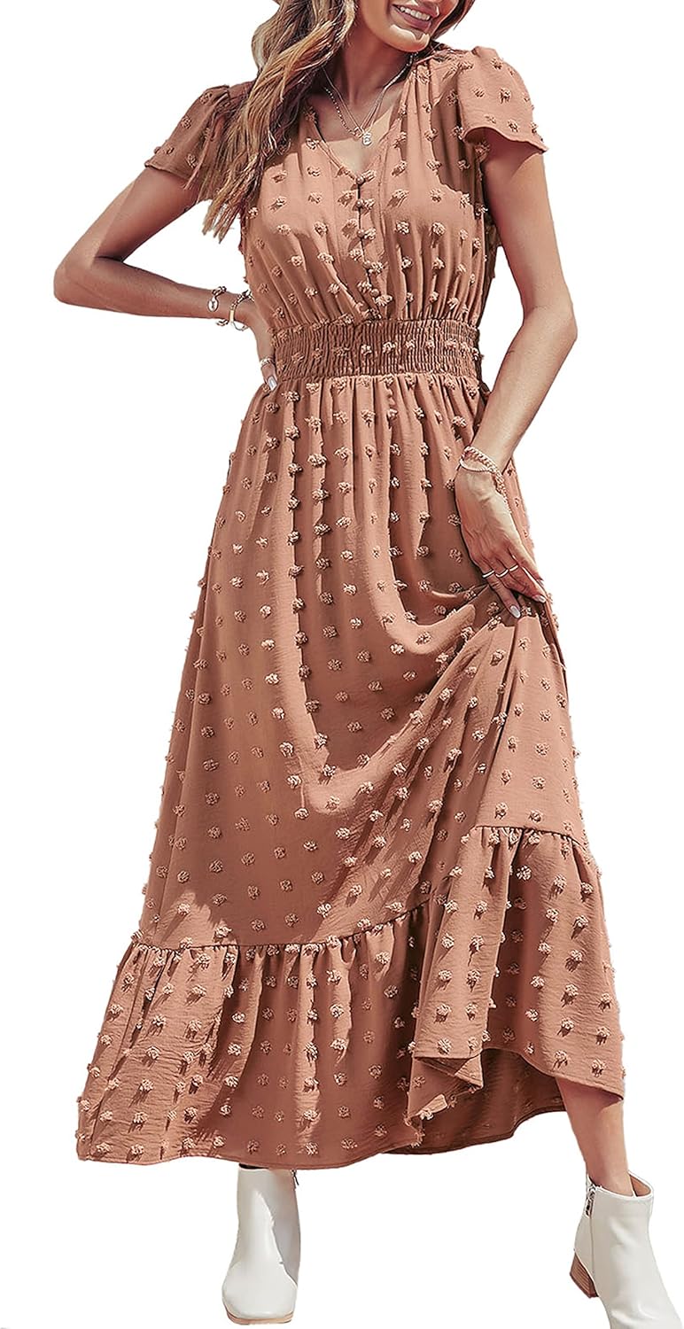 PRETTYGARDEN Womens Dresses 2025 Summer Maxi Dress Boho Short Sleeve V Neck Swiss Dot Ruffle Tiered Smocked Flowy Long Dress