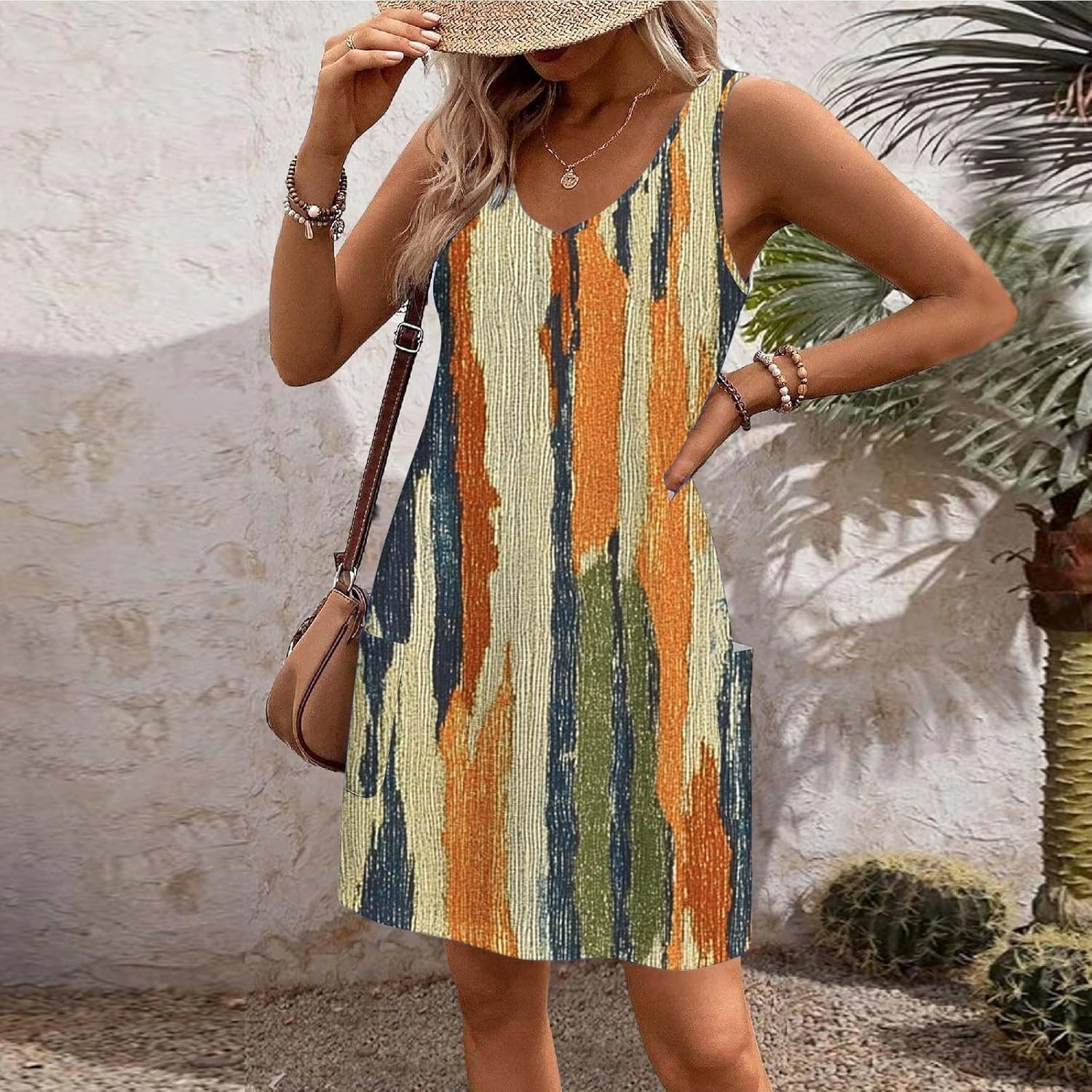 Womens 2025 Spring Summer Dresses Casual Floral Print V-Neck Tank Dress Curve Hem Pleated A-Line Sundresses