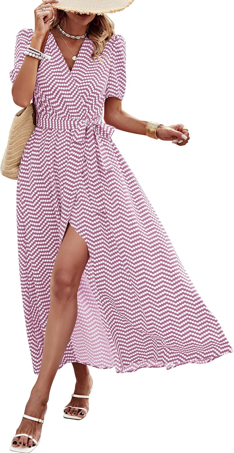 PRETTYGARDEN Women's Summer Wrap Maxi Dress Casual Short Sleeve Floral Boho V Neck Split Ruffle Beach Long Dresses