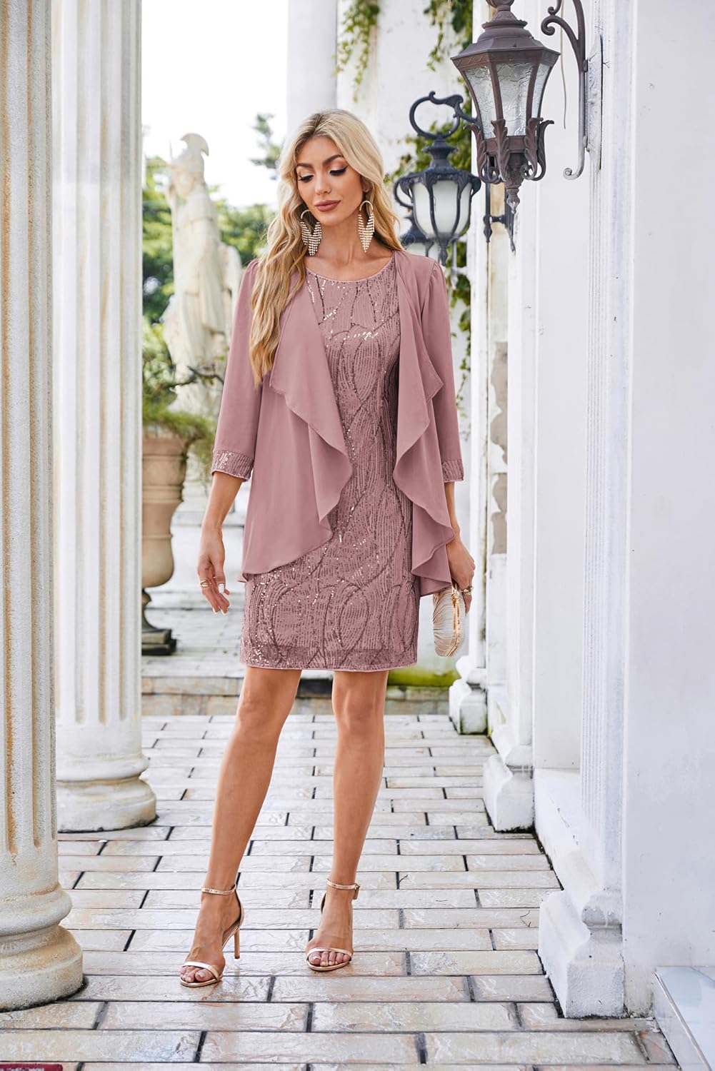 GRACE KARIN Sequin Dress for Women Knee Length Mother of the Bride Dresses Formal Dress Two Piece Dress with Chiffon Jacket