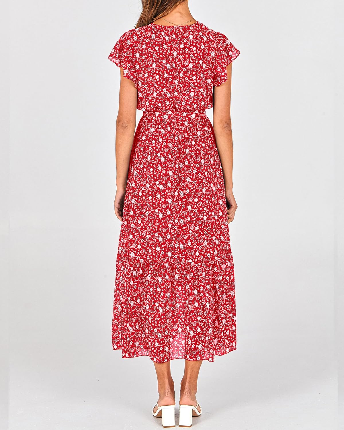 BTFBM Women Summer Bohemian Floral Casual Wrap V Neck Ruffle Cap Sleeveless Belt A-Line Pleated Hem Midi Sun Dress White