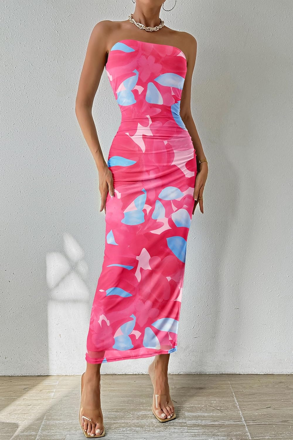 PRETTYGARDEN Women's Summer Maxi Bodycon Dresses Strapless Tube Top Printed Long Party Club Slit Dress