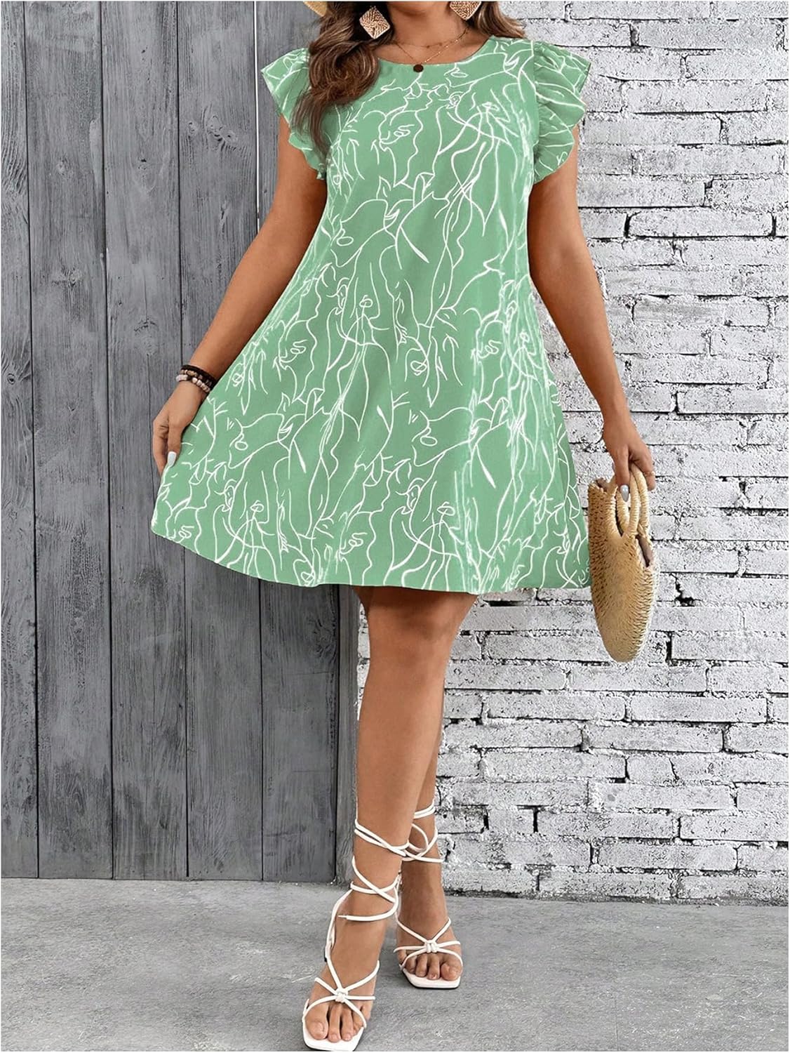 SOLY HUX Women's Plus Size Summer Dress Graphic Print Ruffle Cap Sleeve Loose Short Dresses