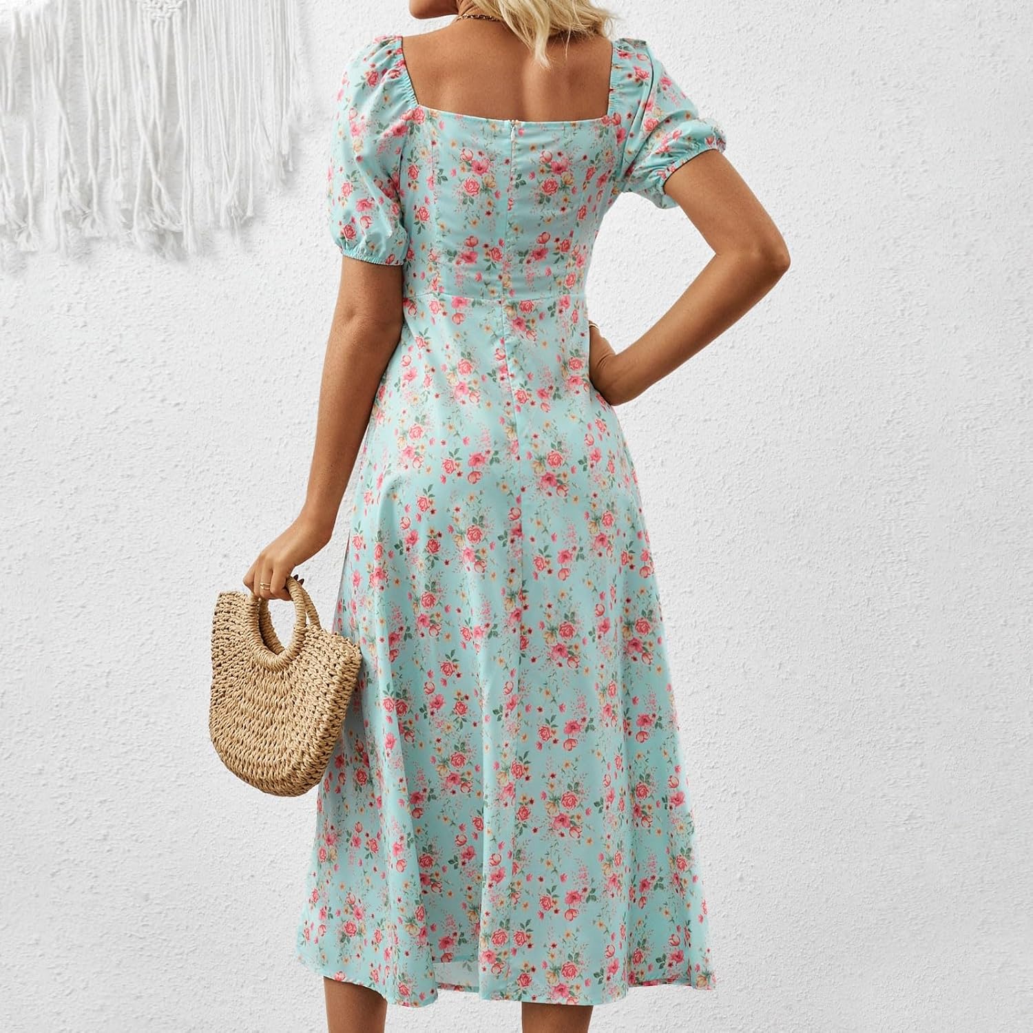 Women's Sundresses 2025 Summer Casual Loose Trendy Bubble Sleeve Square Neck Split Bow Floral Print Dress Plus Size, XS-3XL