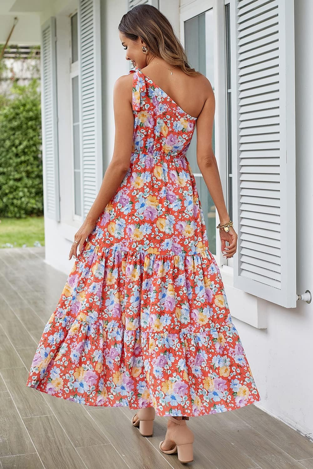 PRETTYGARDEN Women's Summer Floral Maxi Dress Knot One Shoulder Sleeveless Ruffle Flowy Boho Beach Wedding Guest Dresses