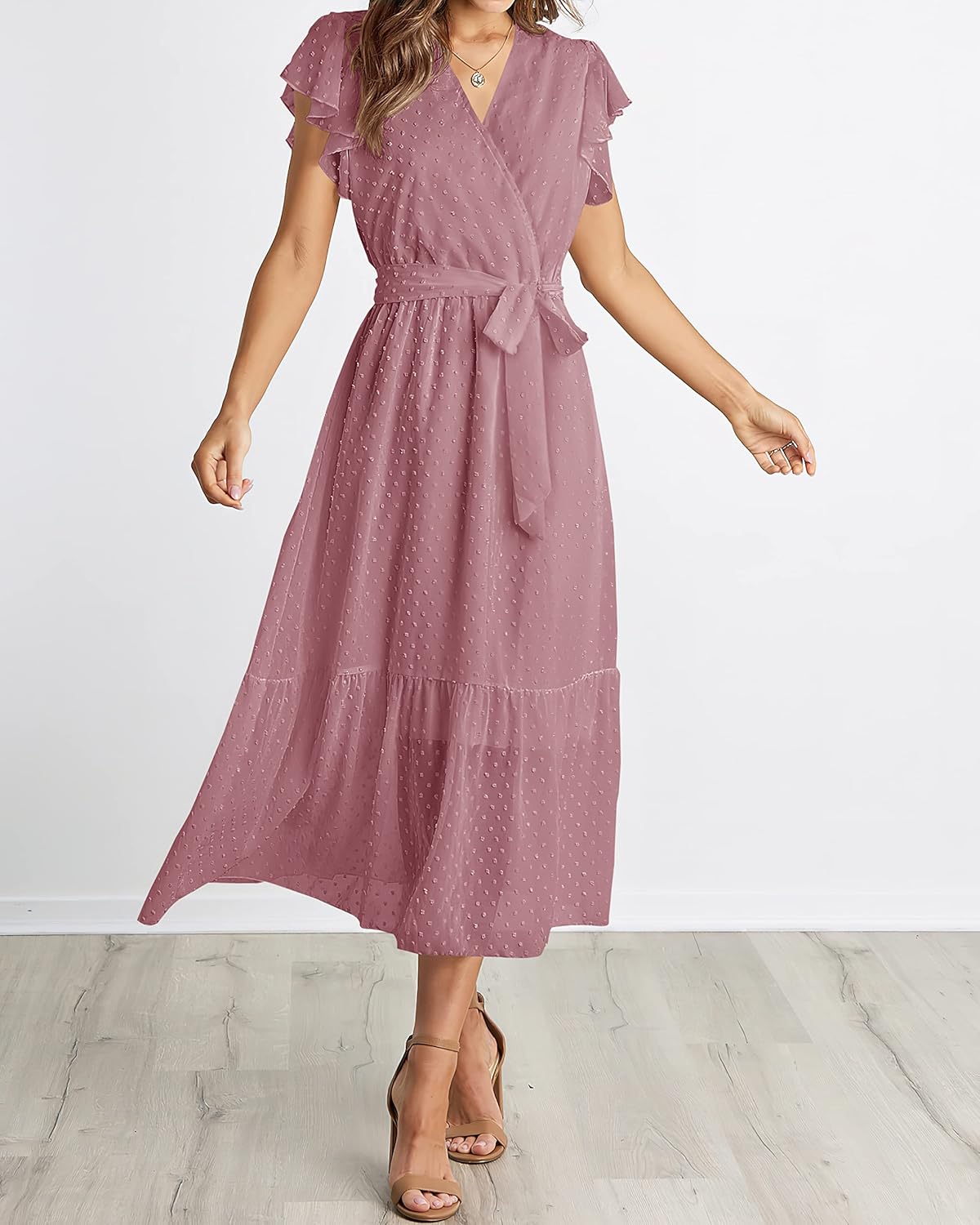 BTFBM Women Summer Bohemian Floral Casual Wrap V Neck Ruffle Cap Sleeveless Belt A-Line Pleated Hem Midi Sun Dress White