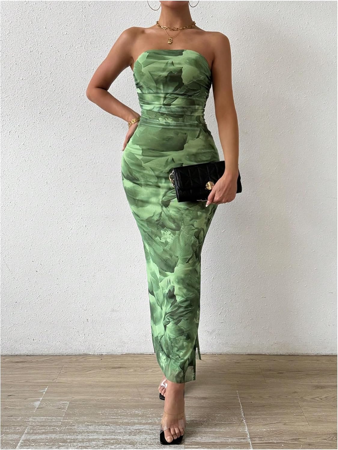 Milumia Women's Printed Strapless Tube Top Long Dress Slit Hem Sleeveless Bodycon Maxi Dresses