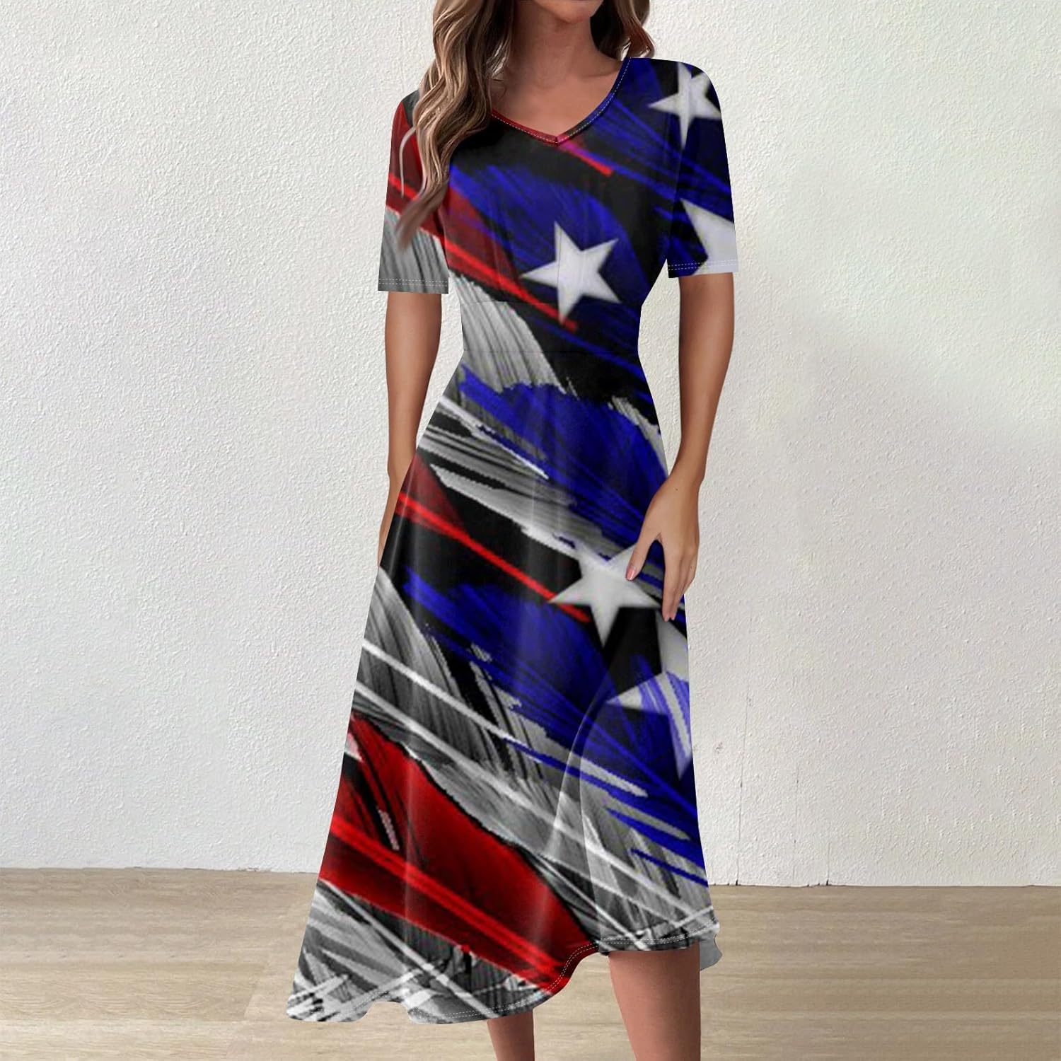 Women's Patriotic Star Print Midi Short Sleeve V-Neck Casual A-Line Dress for Summer Parties & Events