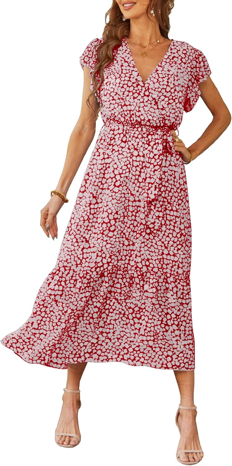 PRETTYGARDEN Women's Summer Floral Boho Dress Wrap V Neck Short Sleeve Ruffle A-Line Flowy Maxi Wedding Guest Dresses