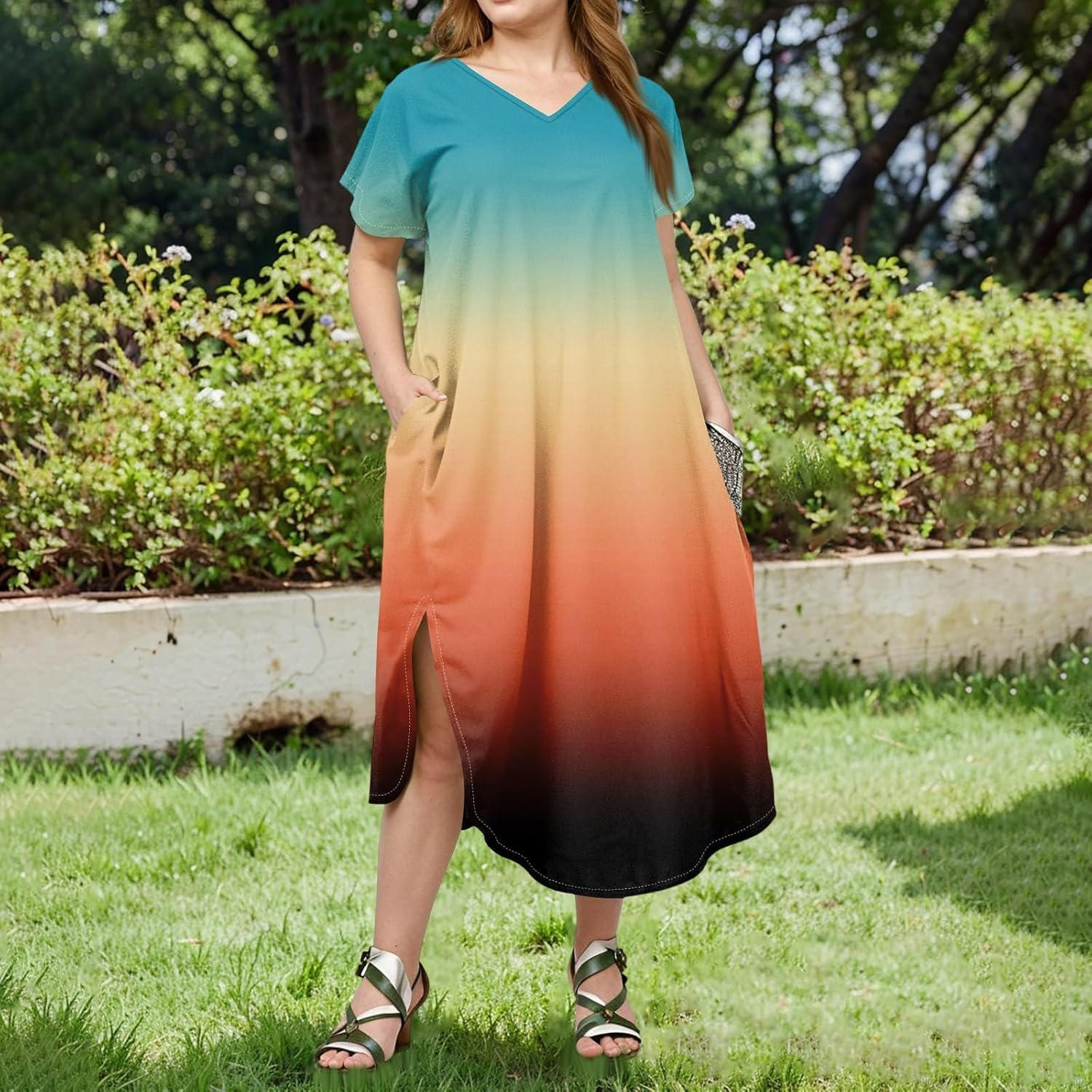 Maxi Dresses for Women 2025 Plus Size Tie Dye V Neck Dress Short Sleeve Side Split Beach Summer Sundress with Pocket