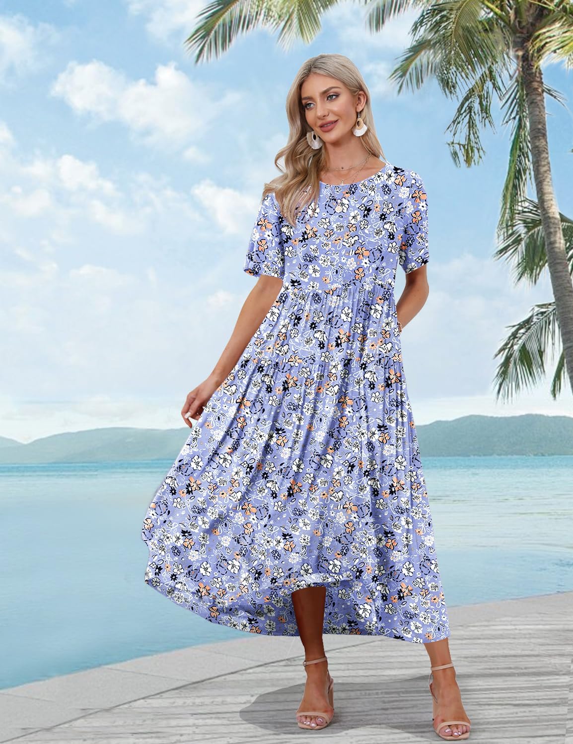 YESNO Women Casual Loose Bohemian Floral Dress with Pockets Short Sleeve Long Maxi Summer Beach Swing Dress EJF