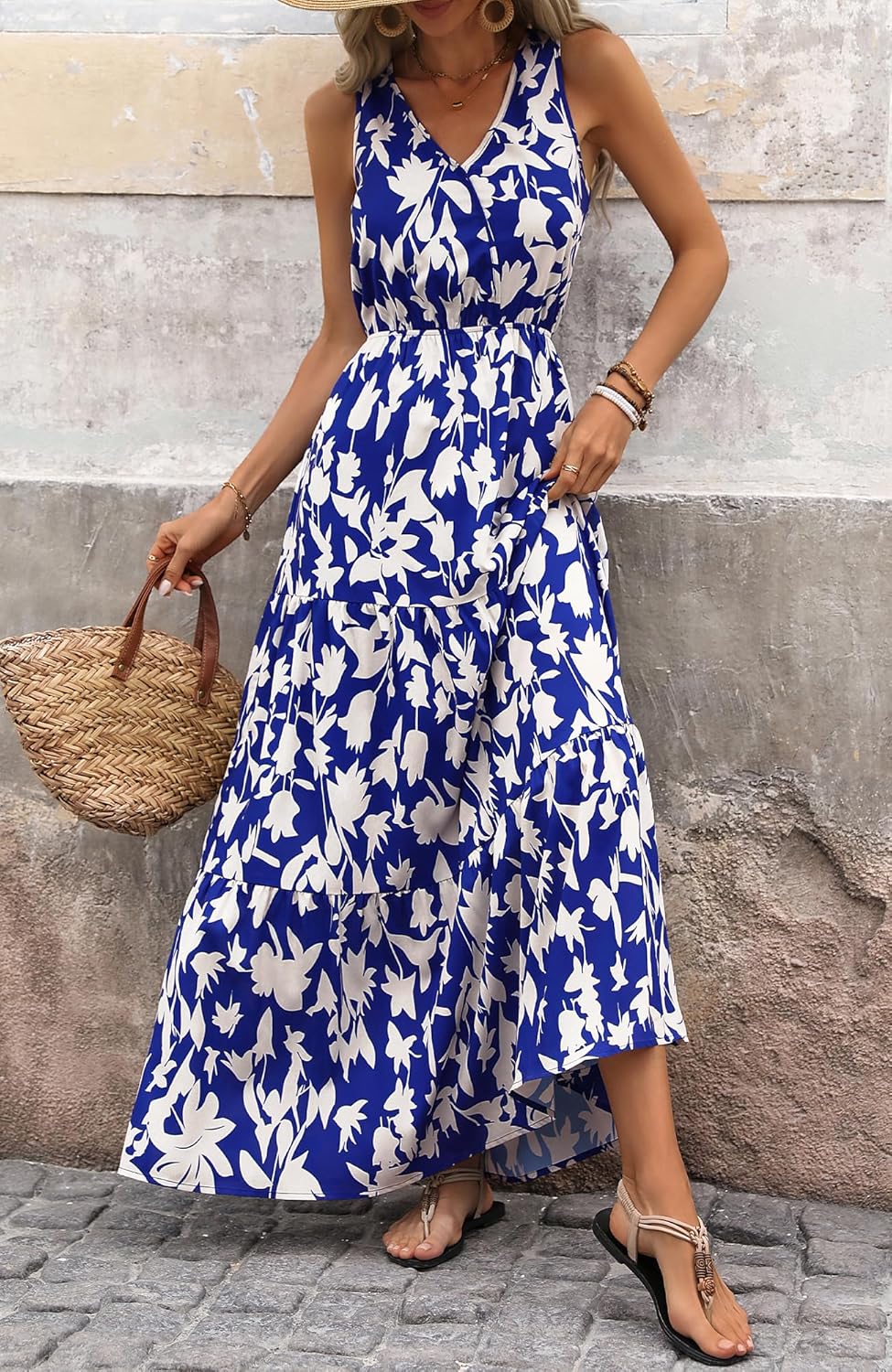 BTFBM Women Summer Dresses Casual Sleeveless Maxi Dresses Cute Floral Long Dress Wedding Guest Dress