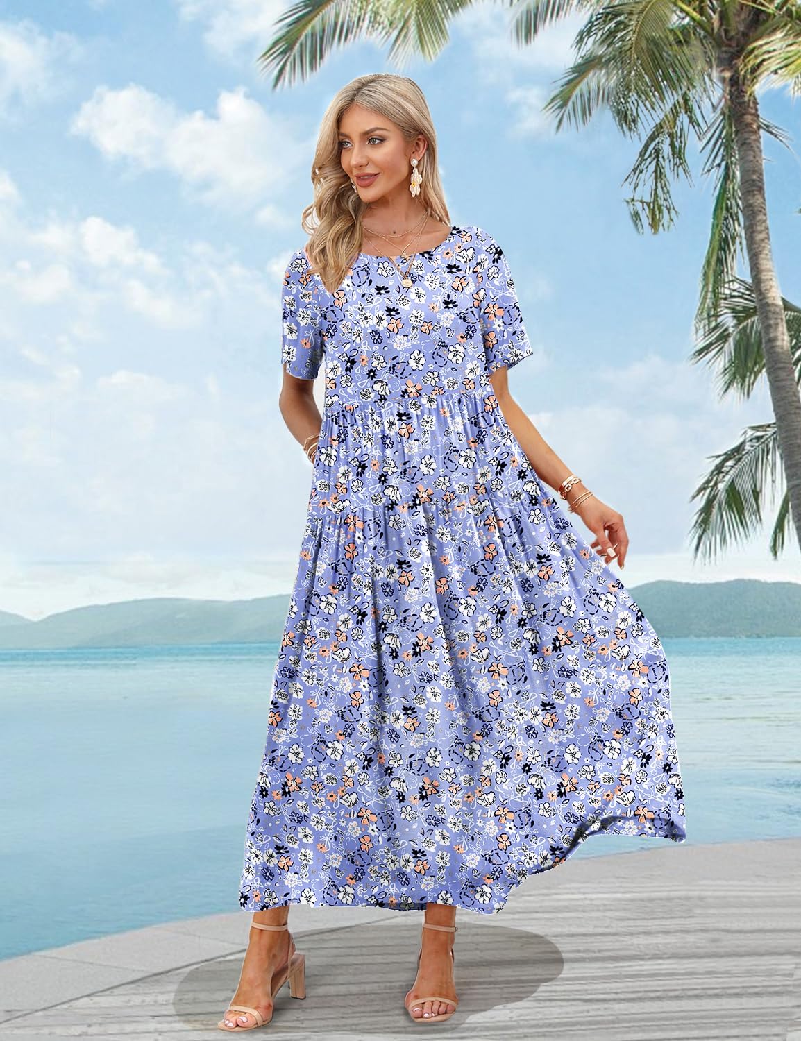 YESNO Women Casual Loose Bohemian Floral Dress with Pockets Short Sleeve Long Maxi Summer Beach Swing Dress EJF