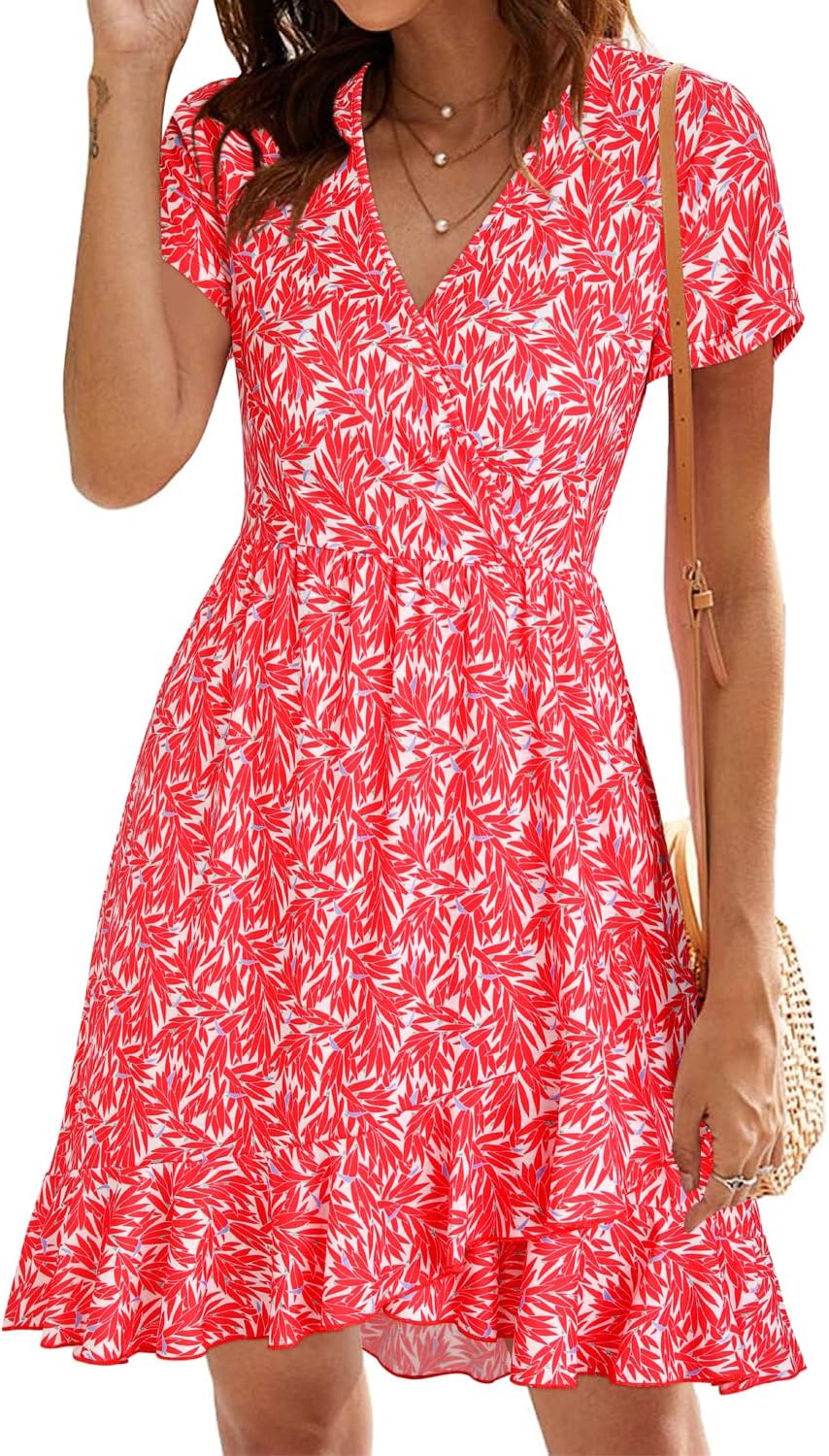 ULTRANICE Womens Summer Dresses Floral V Neck Ruffled Hem Spaghetti Spring Casual Beach Outfits Flowy Wrap Sun Dress