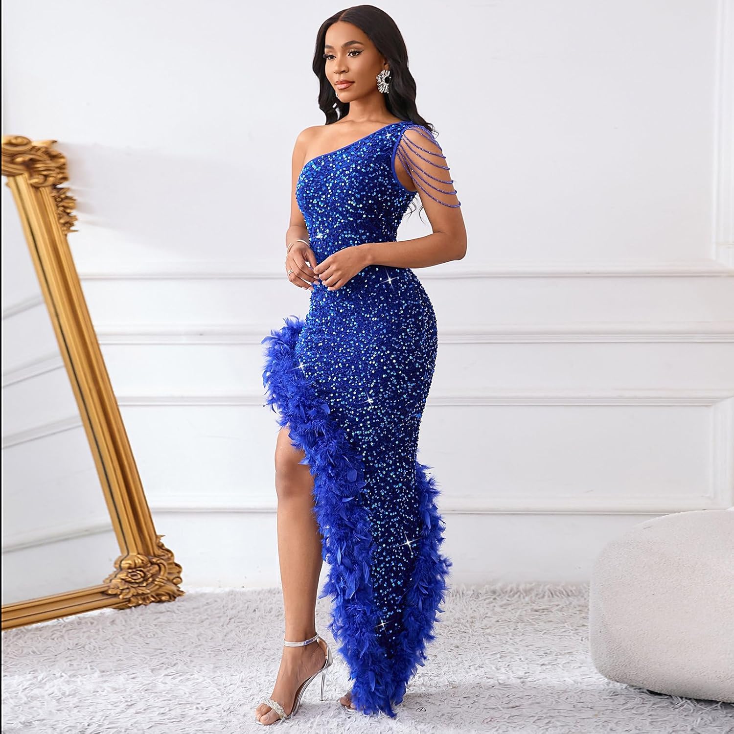 Cololura Women Sequin Elegant Sexy Tassels One Shoulder Mermaid Bodycon Cocktail Evening Midi Party Formal Dress