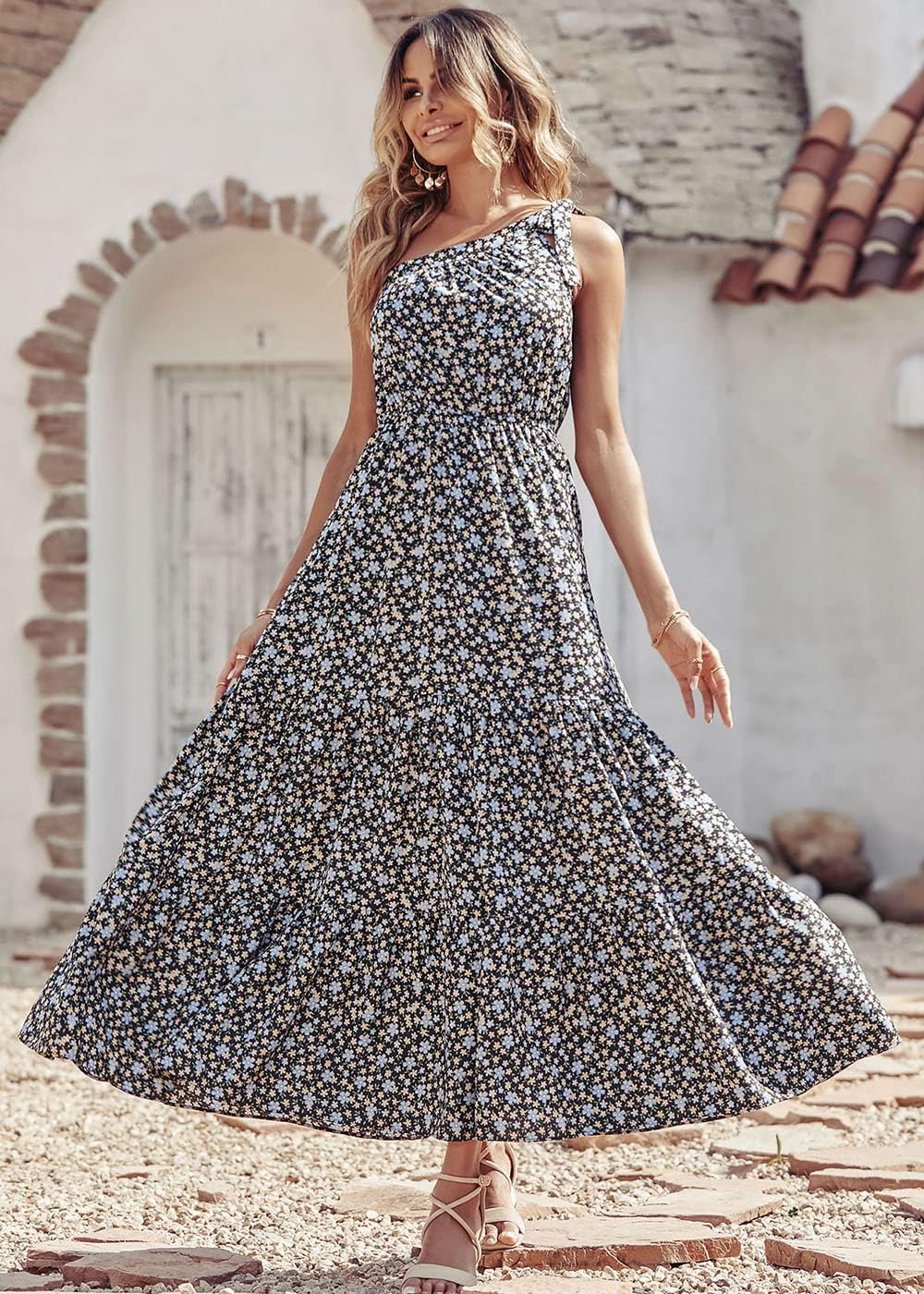 PRETTYGARDEN Women's Summer Floral Maxi Dress Knot One Shoulder Sleeveless Ruffle Flowy Boho Beach Wedding Guest Dresses