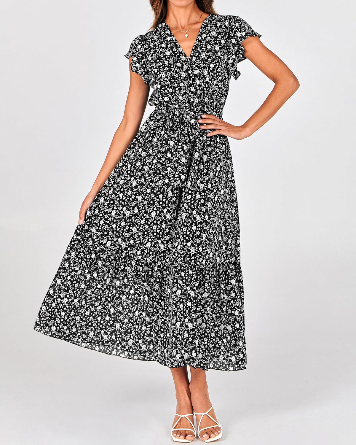 BTFBM Women Summer Bohemian Floral Casual Wrap V Neck Ruffle Cap Sleeveless Belt A-Line Pleated Hem Midi Sun Dress White