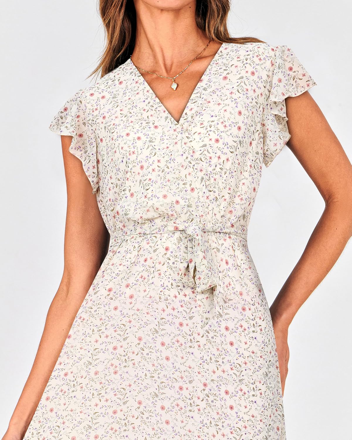 BTFBM Women Summer Bohemian Floral Casual Wrap V Neck Ruffle Cap Sleeveless Belt A-Line Pleated Hem Midi Sun Dress White