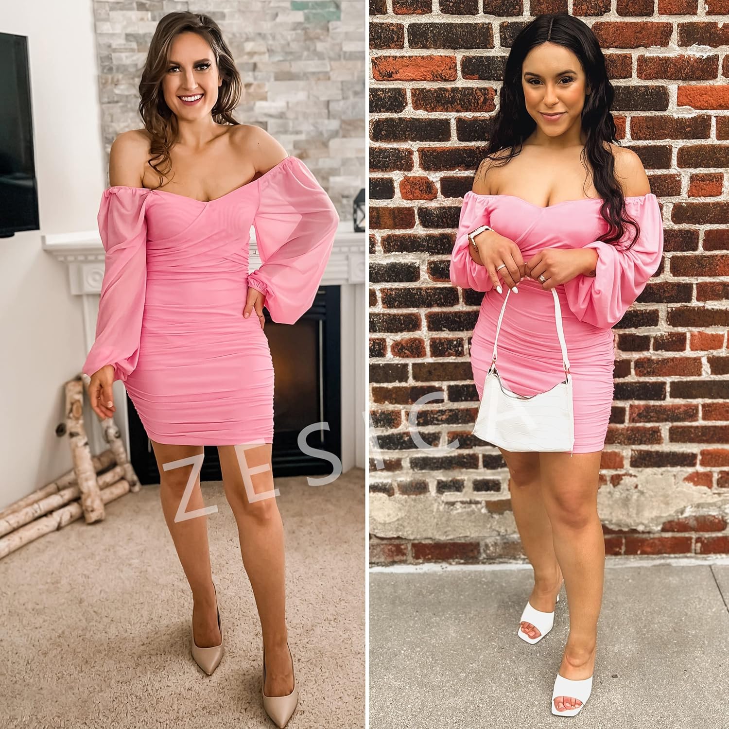 ZESICA Women's Sexy V Neck Ruched Bodycon Mini Dress Puff Long Sleeve Cocktail Wedding Party Short Dresses