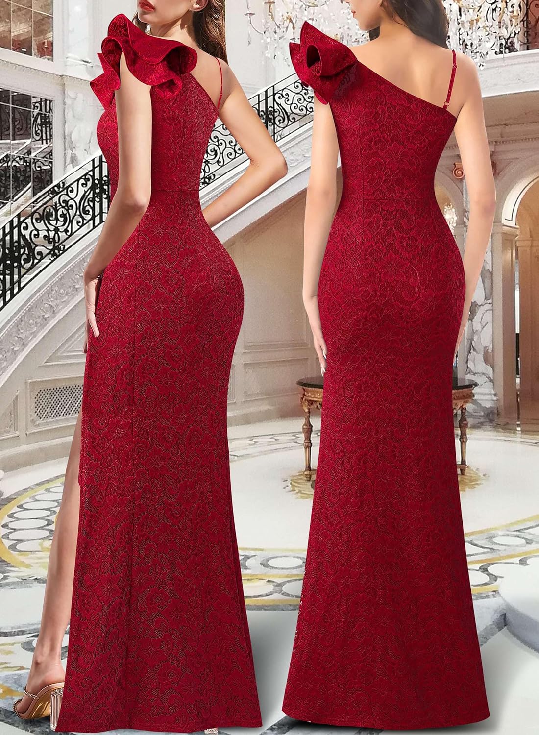 VFSHOW Womens Ruffle One Shoulder Strap Ruched Formal Prom Wedding Maxi Dress V Neck Elegant Split Cocktail Evening Long Gown