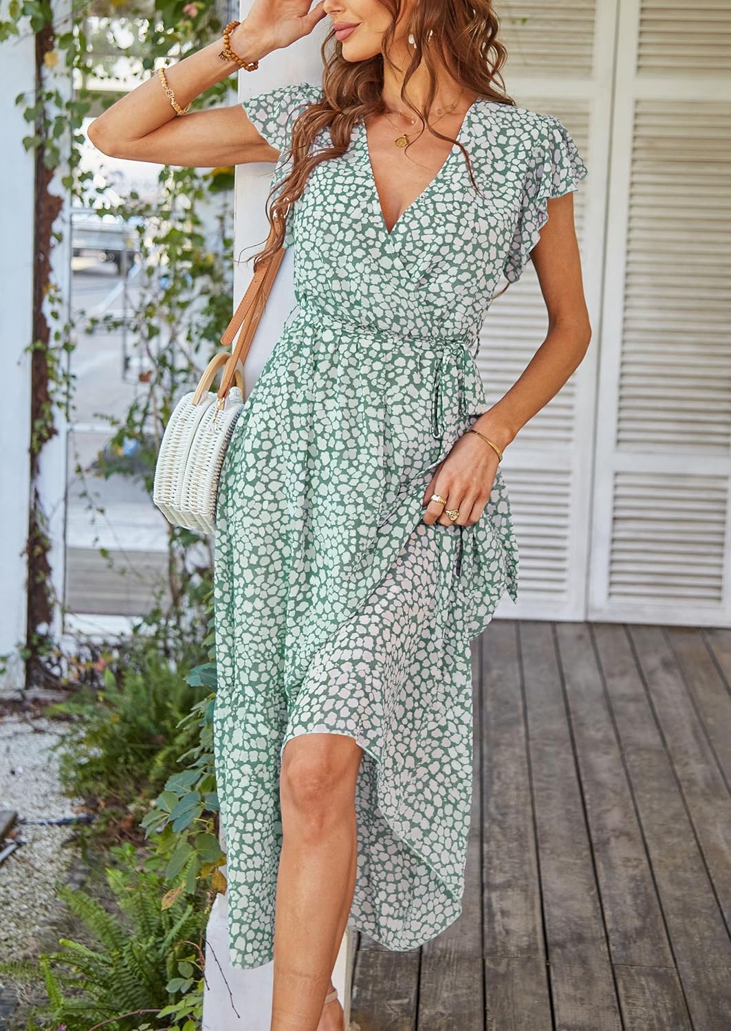 PRETTYGARDEN Women's Summer Floral Boho Dress Wrap V Neck Short Sleeve Ruffle A-Line Flowy Maxi Wedding Guest Dresses