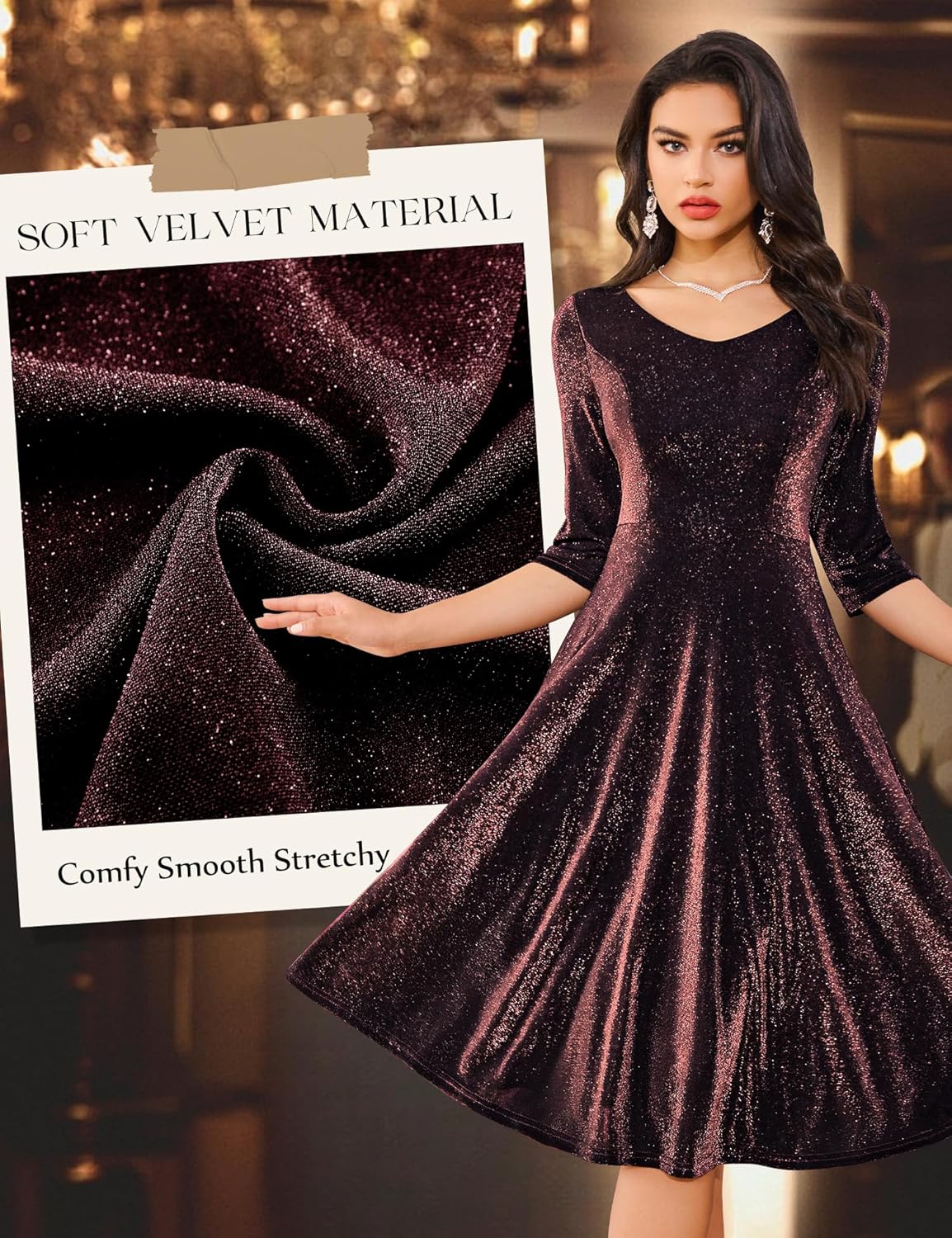 Dressystar Womens Long-Sleeve Wedding Guest Dress A-Line Lace Formal Party Cocktail Midi Dress Prom Gown