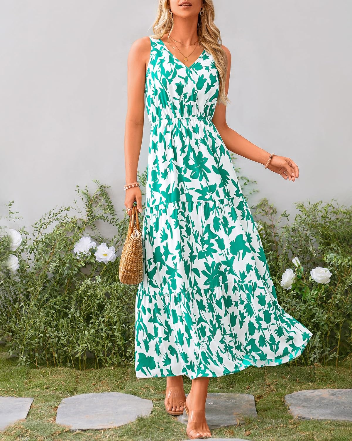BTFBM Women Summer Dresses Casual Sleeveless Maxi Dresses Cute Floral Long Dress Wedding Guest Dress