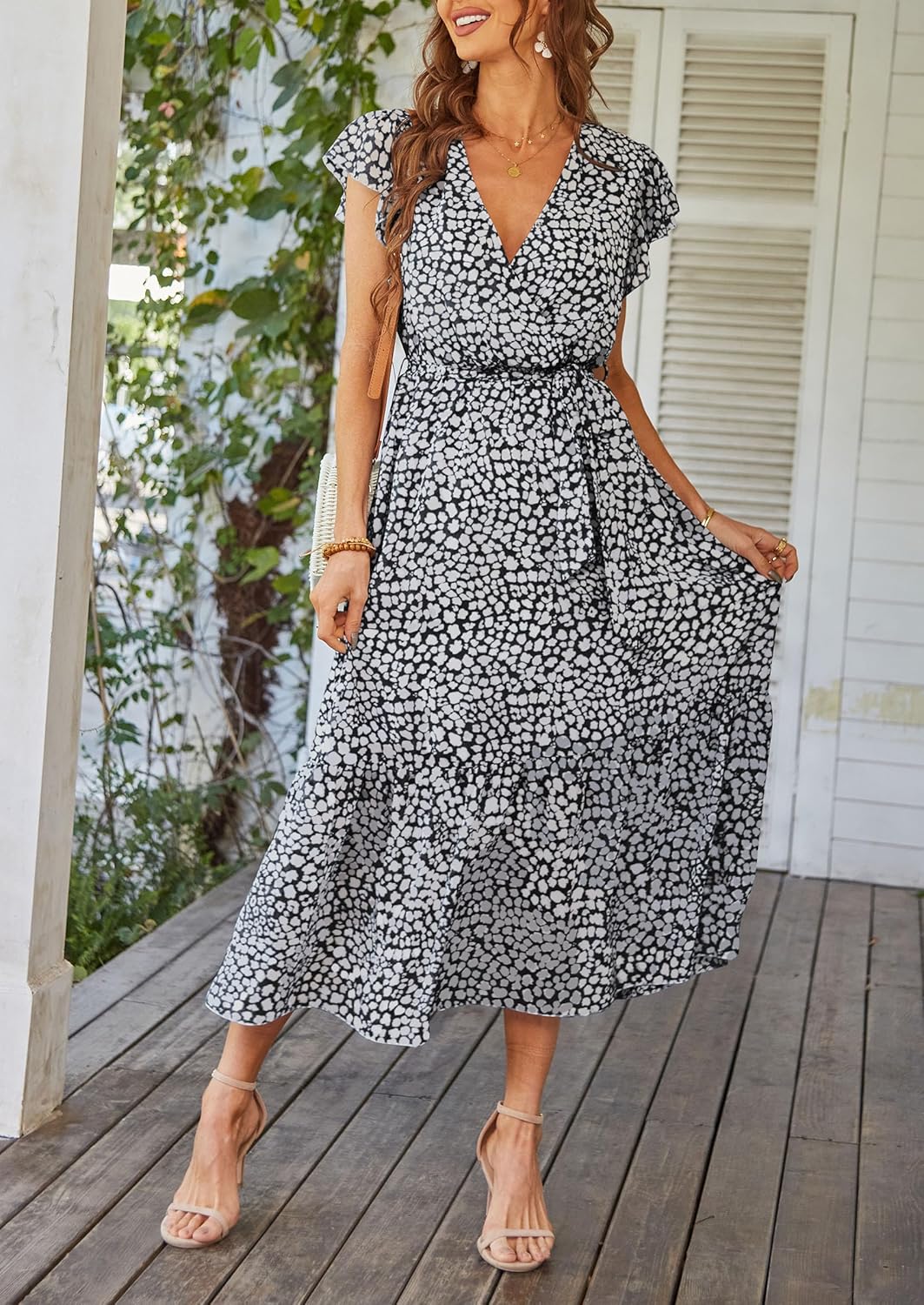 PRETTYGARDEN Women's Summer Floral Boho Dress Wrap V Neck Short Sleeve Ruffle A-Line Flowy Maxi Wedding Guest Dresses