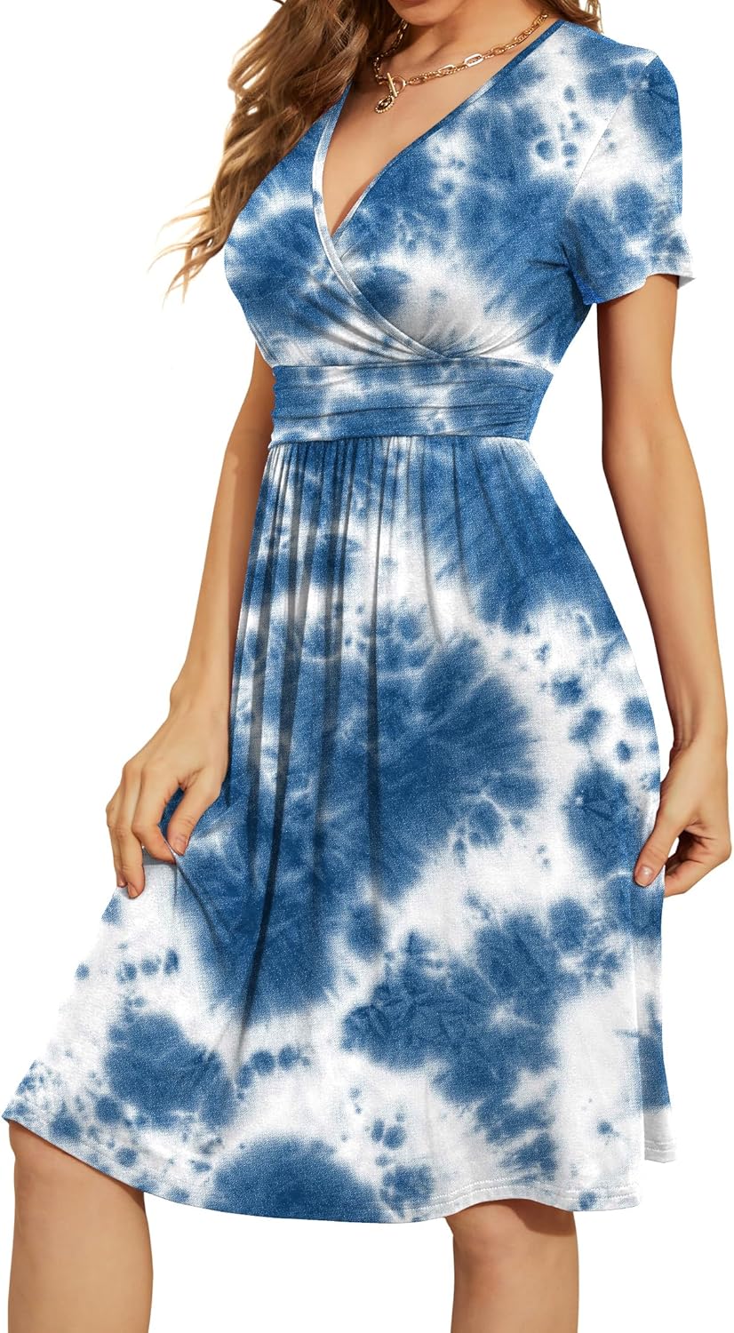 WEACZZY Women's Summer Short Sleeve Casual Dresses V-Neck Floral Party Dress with Pockets