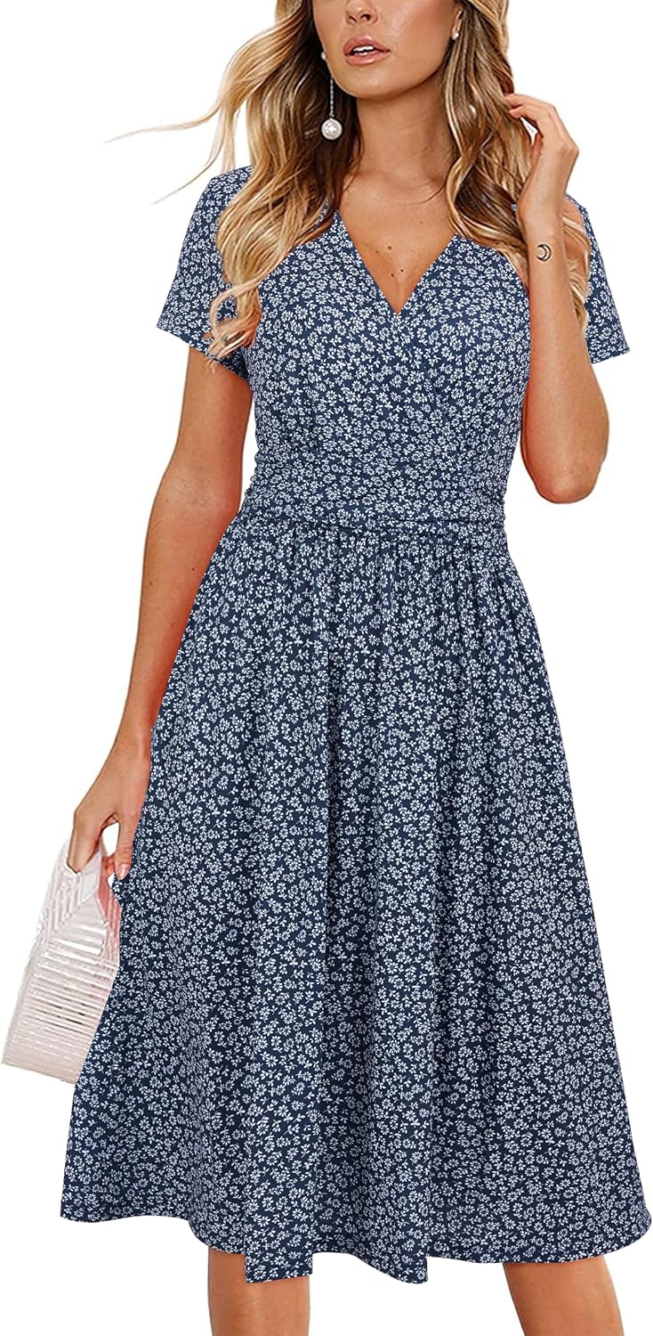 OUGES Women's Summer Short Sleeve V-Neck Floral Short Party Dress with Pockets