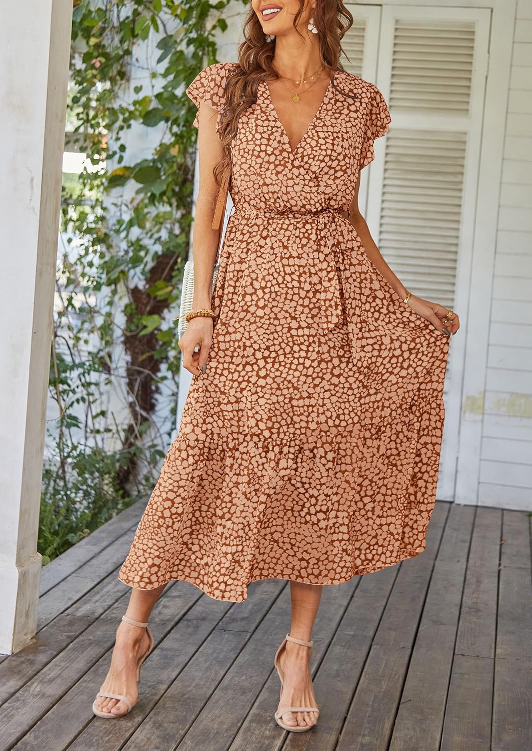 PRETTYGARDEN Women's Summer Floral Boho Dress Wrap V Neck Short Sleeve Ruffle A-Line Flowy Maxi Wedding Guest Dresses