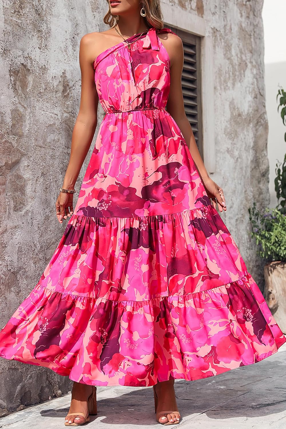 PRETTYGARDEN Women's Summer Floral Maxi Dress Knot One Shoulder Sleeveless Ruffle Flowy Boho Beach Wedding Guest Dresses