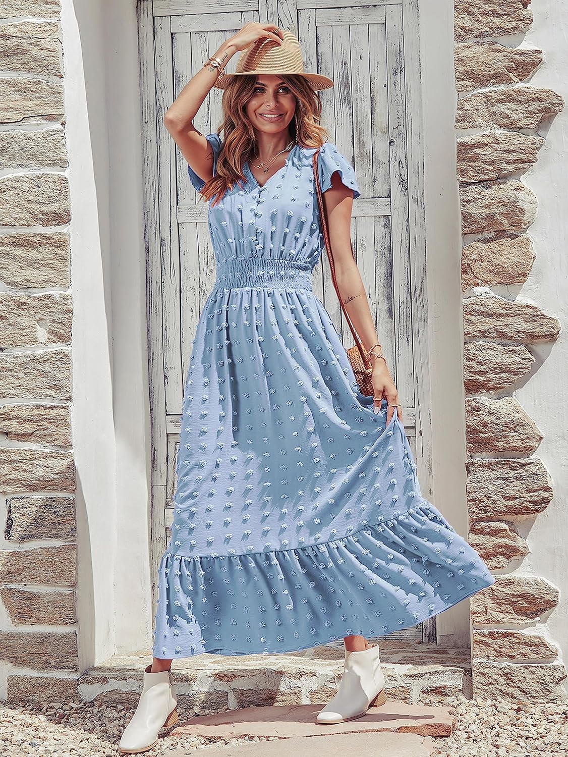 PRETTYGARDEN Womens Dresses 2025 Summer Maxi Dress Boho Short Sleeve V Neck Swiss Dot Ruffle Tiered Smocked Flowy Long Dress