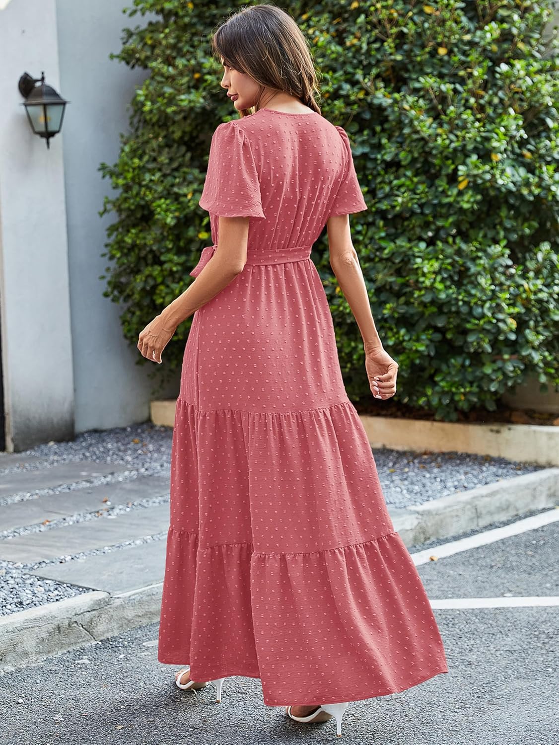MASCOMODA Womens Boho Swiss Dot Maxi Dresses Wrap V Neck Flutter Short Sleeve Solid Tie Belt A Line Tiered Flowy Long Dress