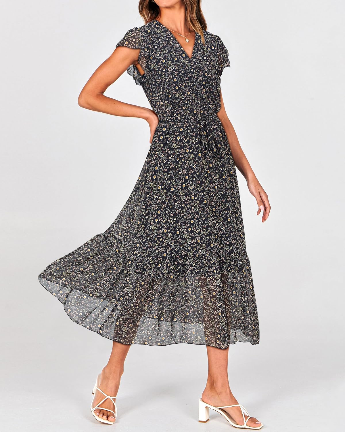 BTFBM Women Summer Bohemian Floral Casual Wrap V Neck Ruffle Cap Sleeveless Belt A-Line Pleated Hem Midi Sun Dress White