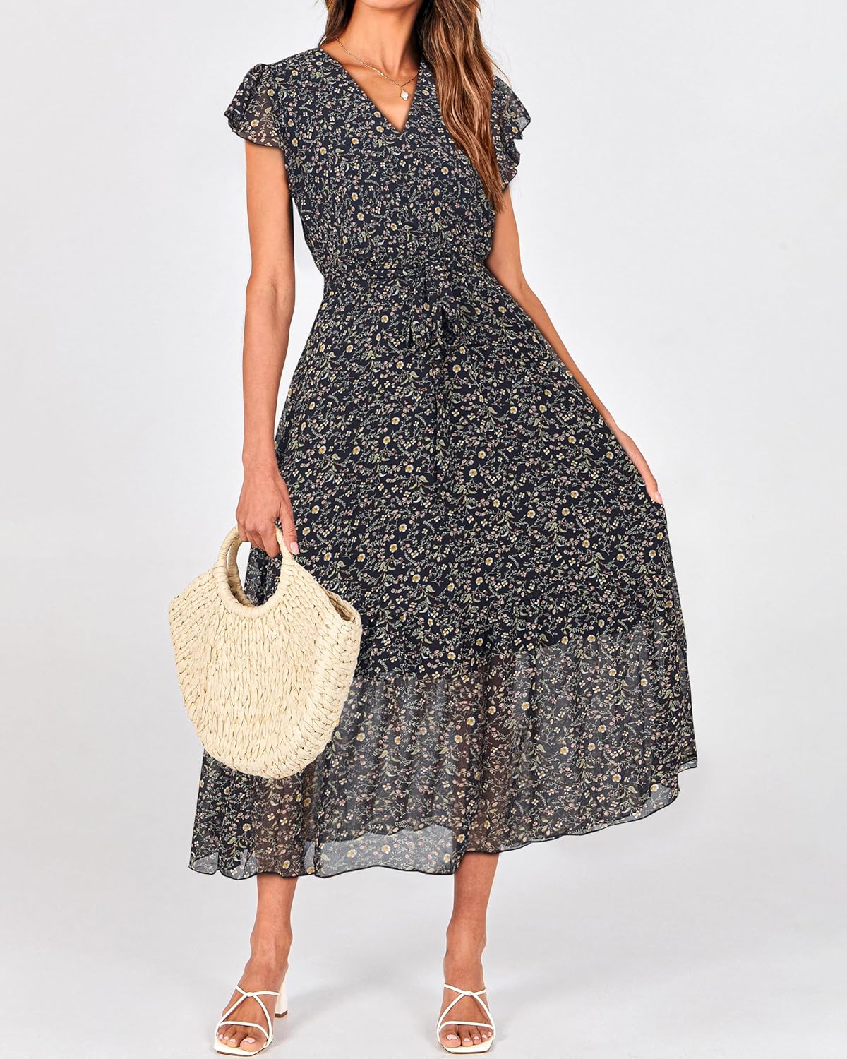 BTFBM Women Summer Bohemian Floral Casual Wrap V Neck Ruffle Cap Sleeveless Belt A-Line Pleated Hem Midi Sun Dress White