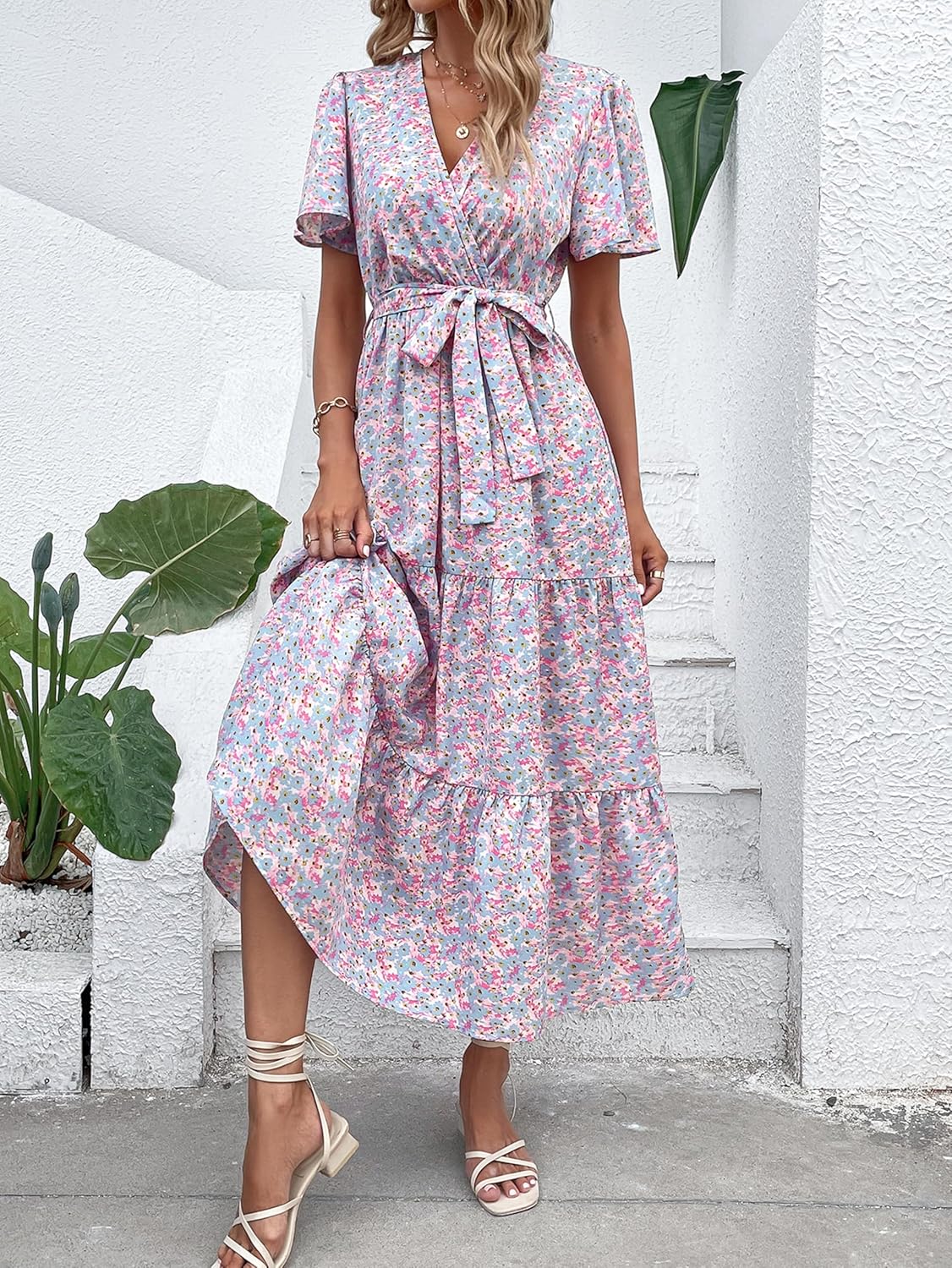 MASCOMODA Womens Boho Swiss Dot Maxi Dresses Wrap V Neck Flutter Short Sleeve Solid Tie Belt A Line Tiered Flowy Long Dress