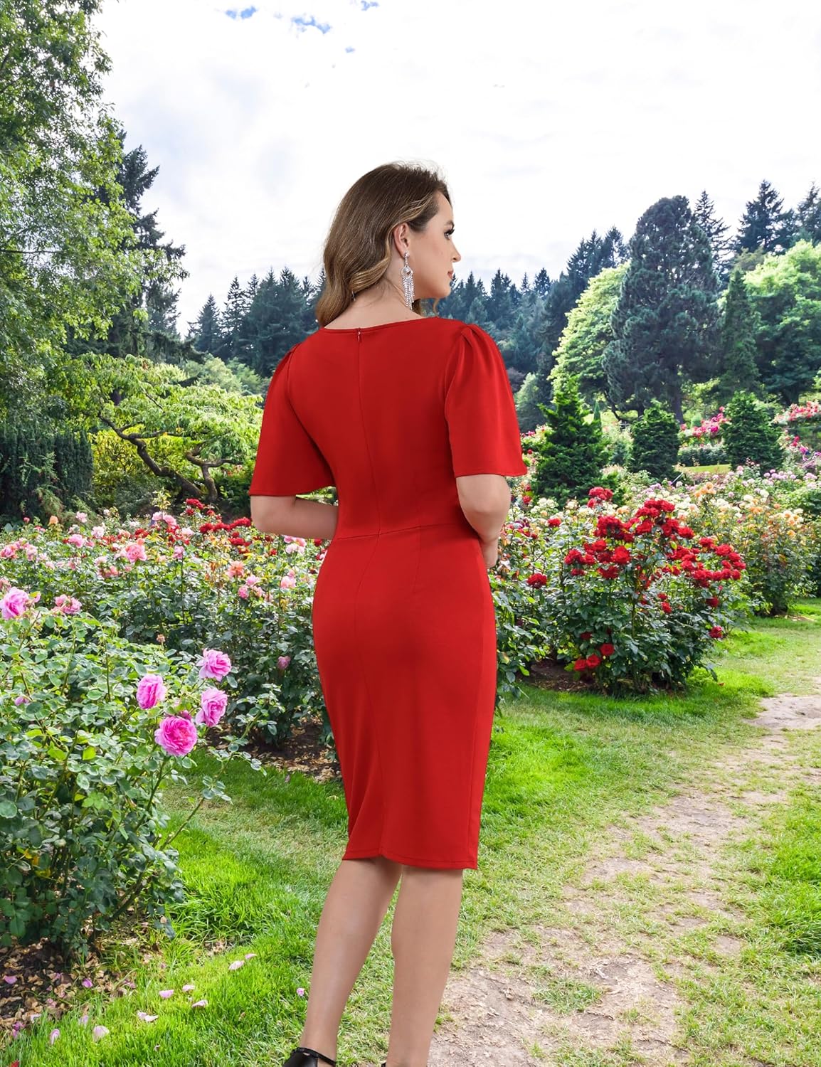 Aphratti Women's Short Sleeve Work Sheath Midi Dress Elegant Fitted Cocktail Party Church Funeral Outfit