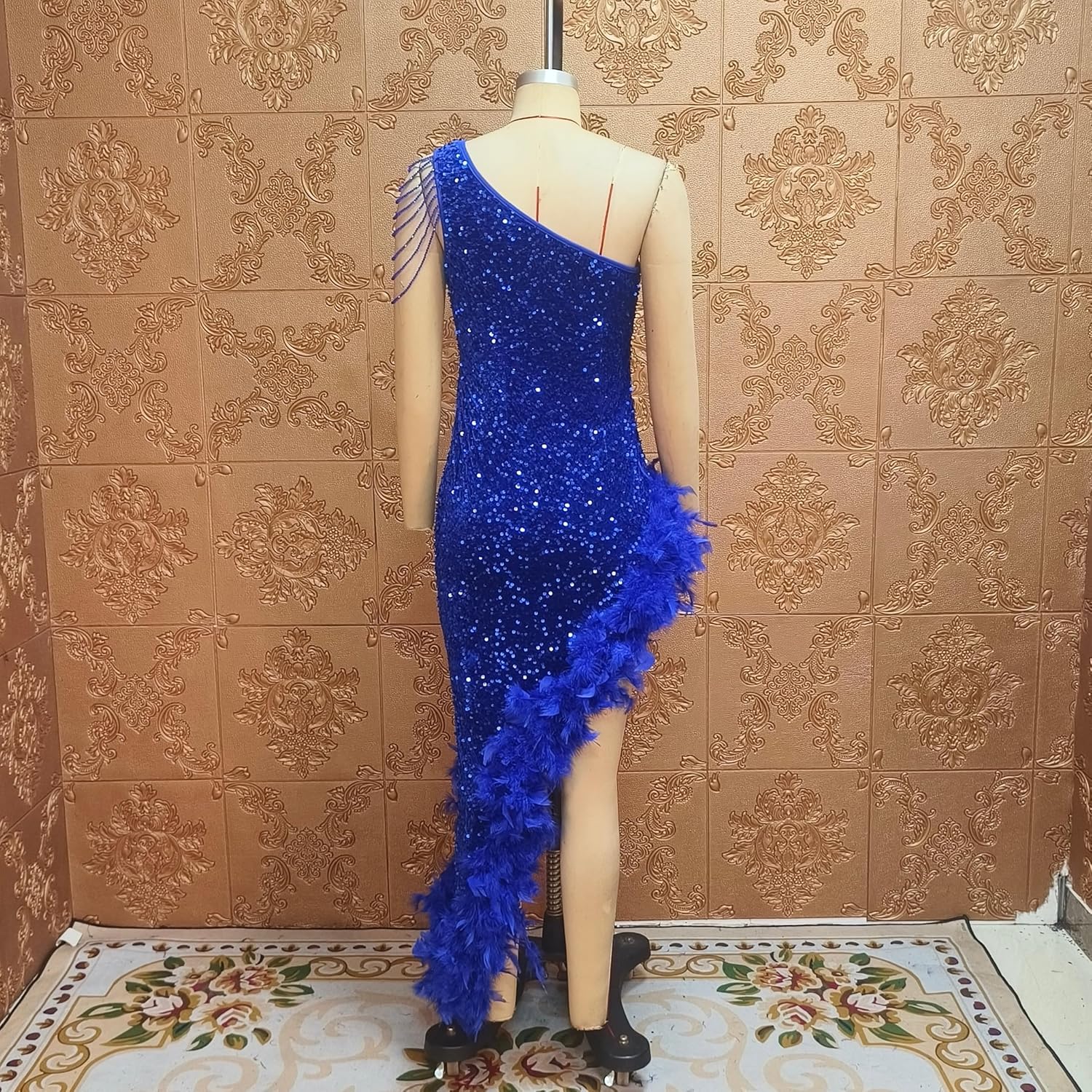 Cololura Women Sequin Elegant Sexy Tassels One Shoulder Mermaid Bodycon Cocktail Evening Midi Party Formal Dress