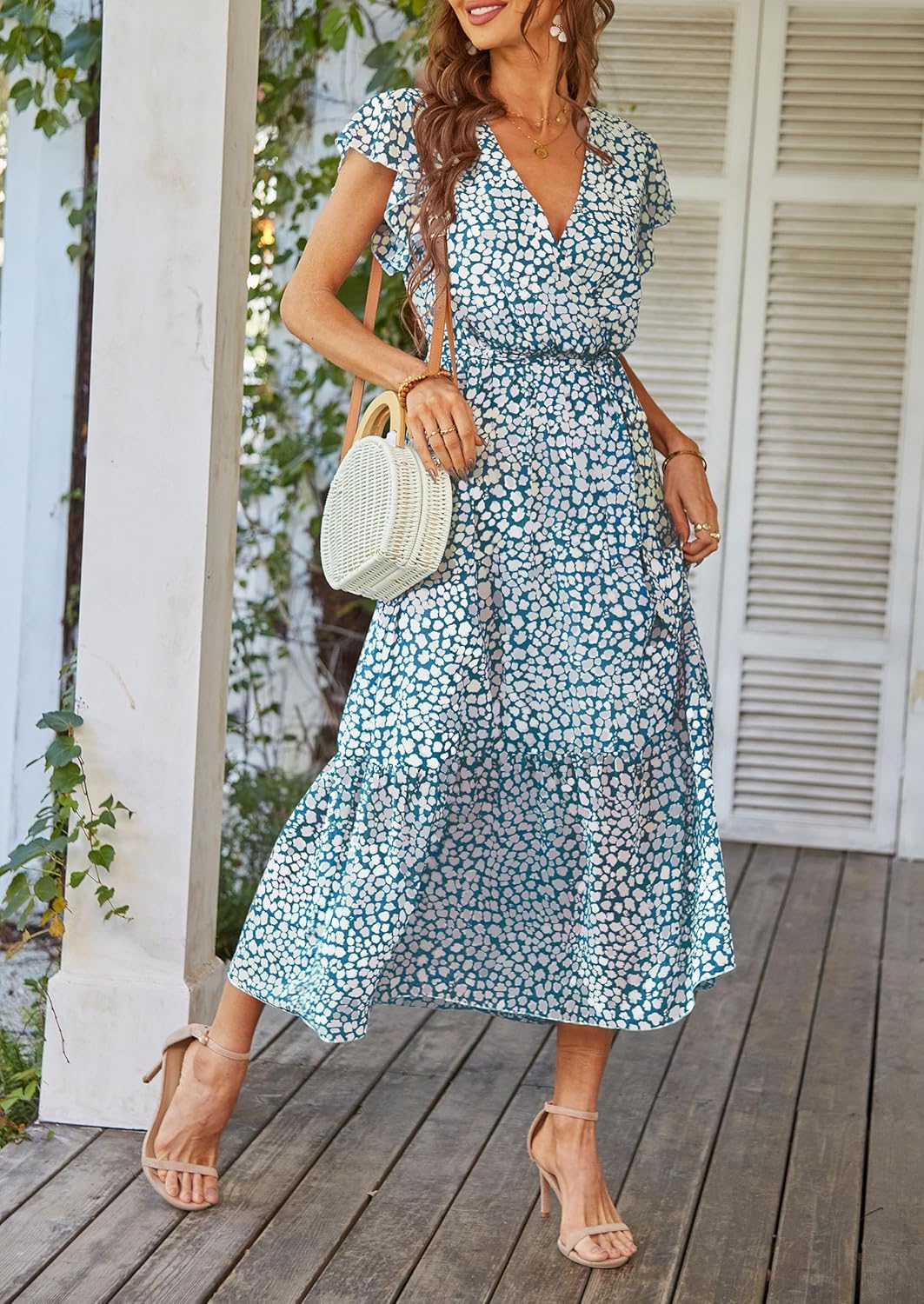 PRETTYGARDEN Women's Summer Floral Boho Dress Wrap V Neck Short Sleeve Ruffle A-Line Flowy Maxi Wedding Guest Dresses
