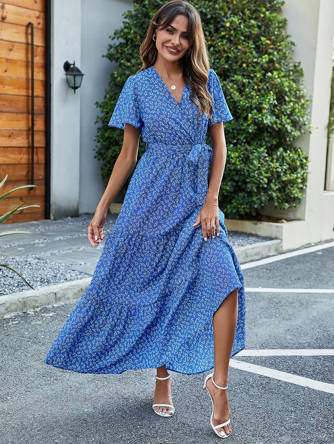 MASCOMODA Womens Boho Swiss Dot Maxi Dresses Wrap V Neck Flutter Short Sleeve Solid Tie Belt A Line Tiered Flowy Long Dress