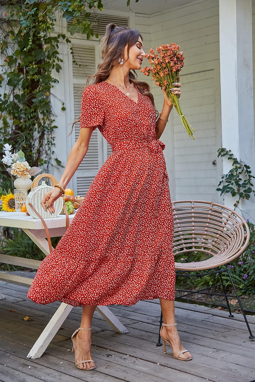 PRETTYGARDEN Women's Summer Floral Boho Dress Wrap V Neck Short Sleeve Ruffle A-Line Flowy Maxi Wedding Guest Dresses