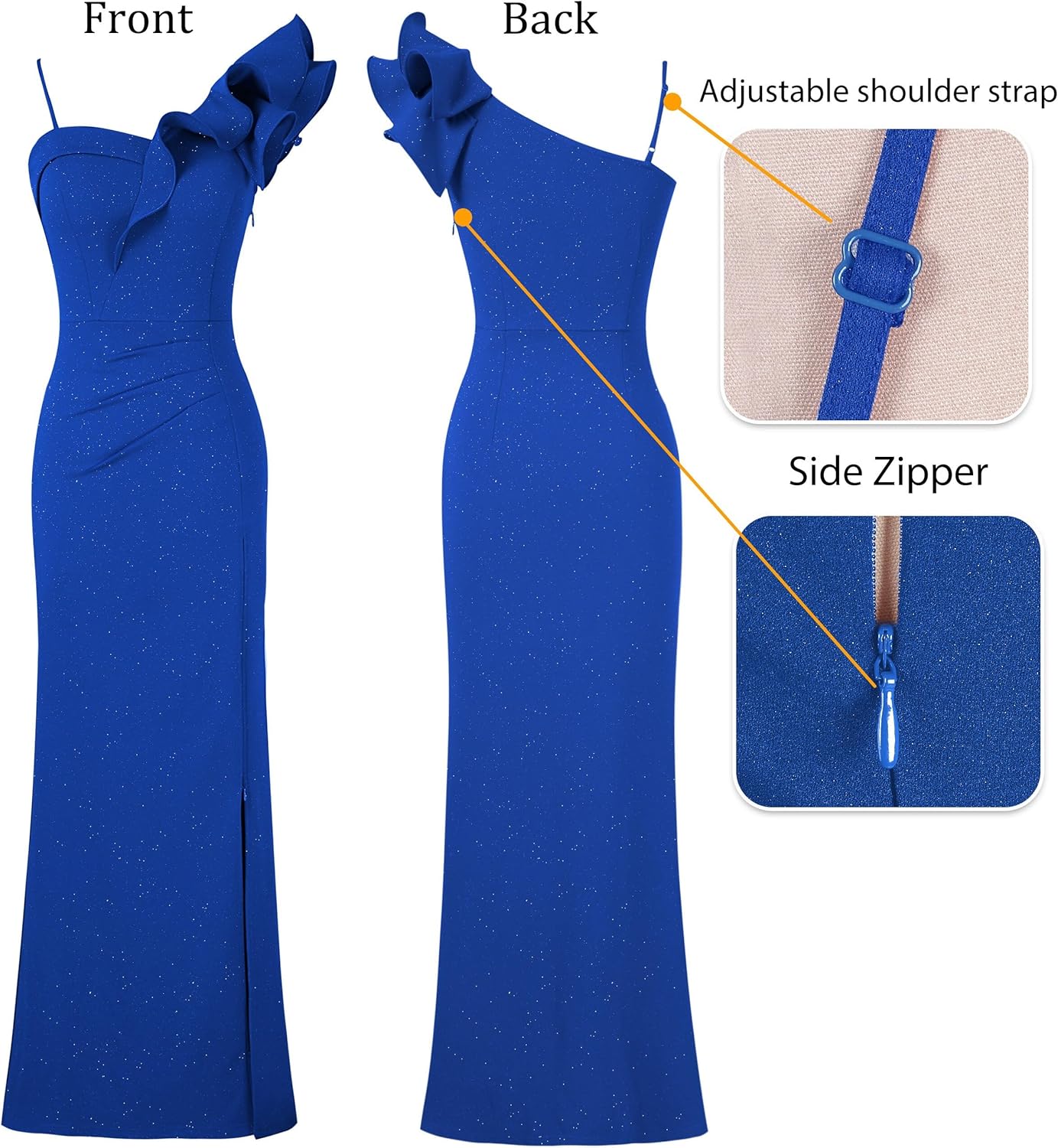 VFSHOW Womens Ruffle One Shoulder Strap Ruched Formal Prom Wedding Maxi Dress V Neck Elegant Split Cocktail Evening Long Gown