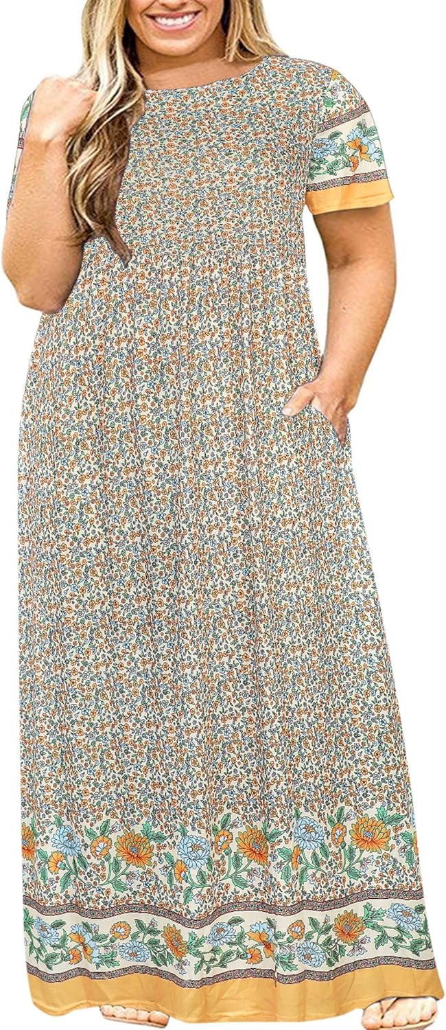 Kancystore Women's Short Sleeve Plus Size Maxi Dress with Pockets Loose Casual Summer Dresses