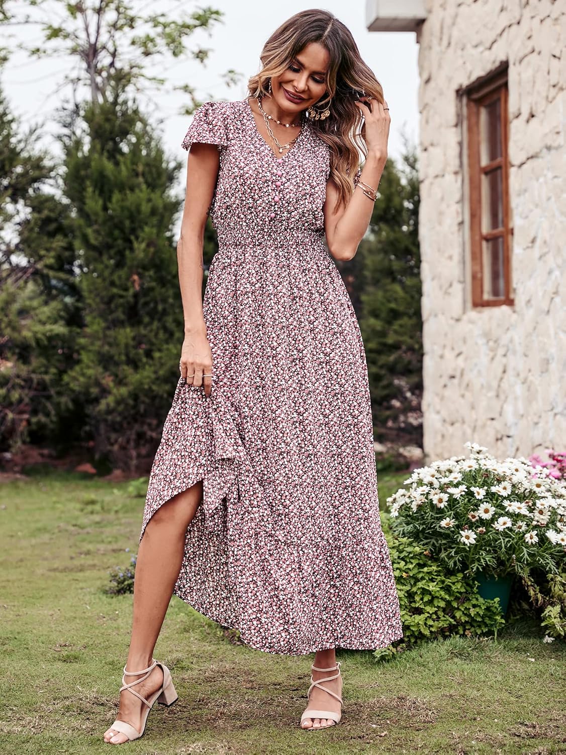 PRETTYGARDEN Womens Dresses 2025 Summer Maxi Dress Boho Short Sleeve V Neck Swiss Dot Ruffle Tiered Smocked Flowy Long Dress