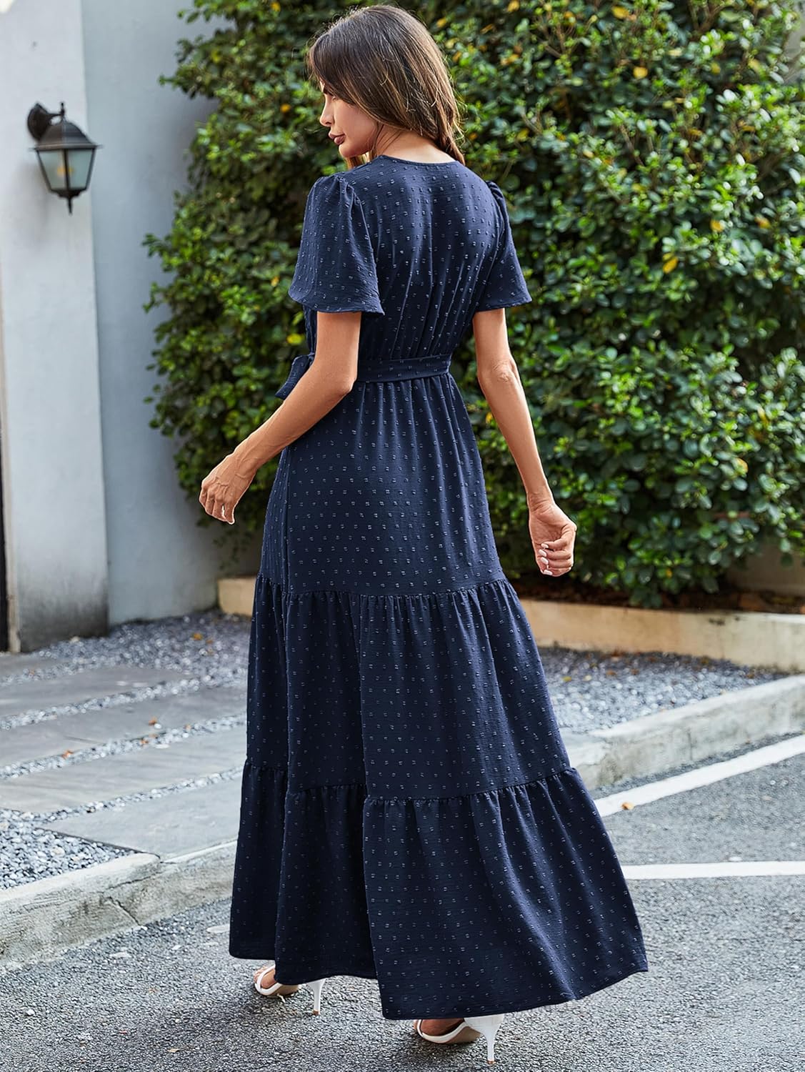 MASCOMODA Womens Boho Swiss Dot Maxi Dresses Wrap V Neck Flutter Short Sleeve Solid Tie Belt A Line Tiered Flowy Long Dress