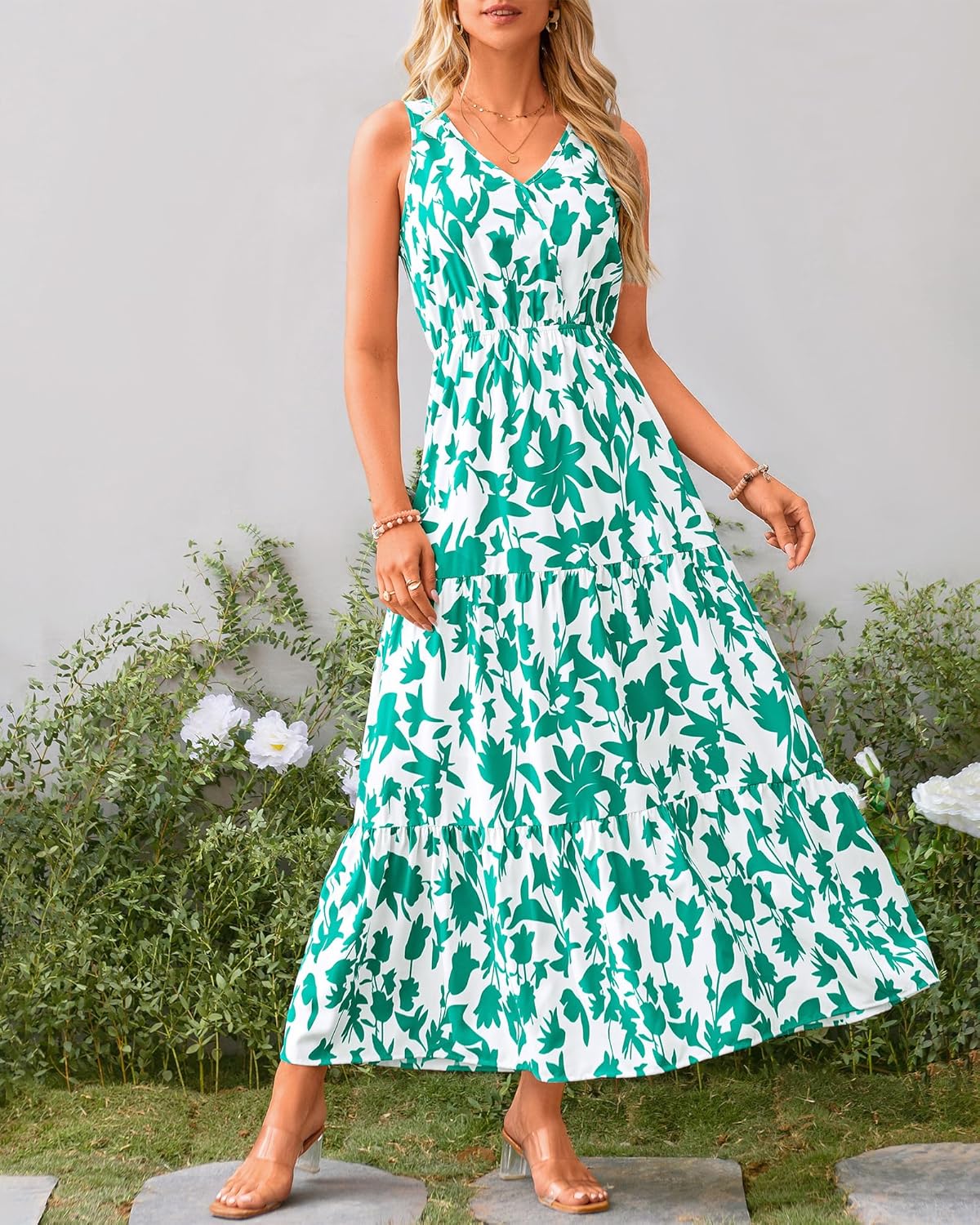 BTFBM Women Summer Dresses Casual Sleeveless Maxi Dresses Cute Floral Long Dress Wedding Guest Dress