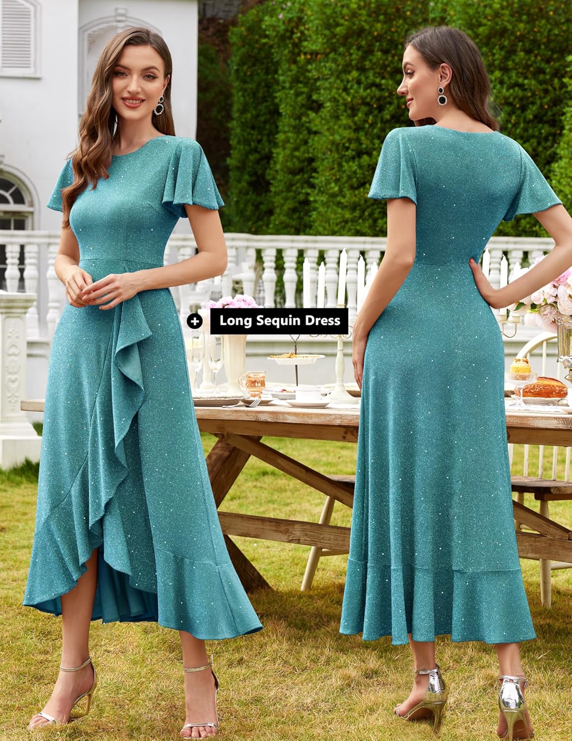 BeryLove Women Sequin Formal Party Dress Flutter Short Sleeve Wedding Cocktail Long Evening Dress