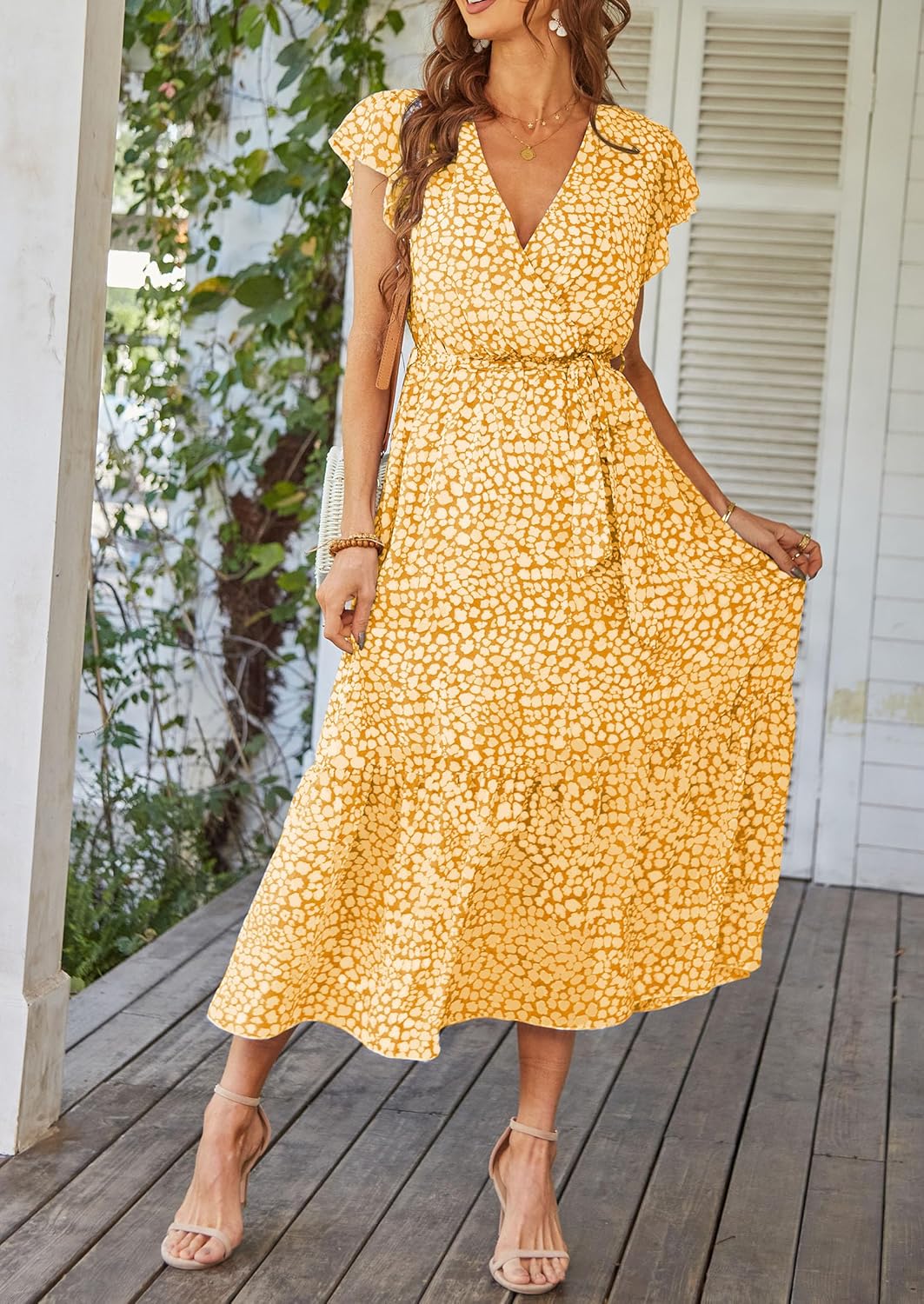 PRETTYGARDEN Women's Summer Floral Boho Dress Wrap V Neck Short Sleeve Ruffle A-Line Flowy Maxi Wedding Guest Dresses