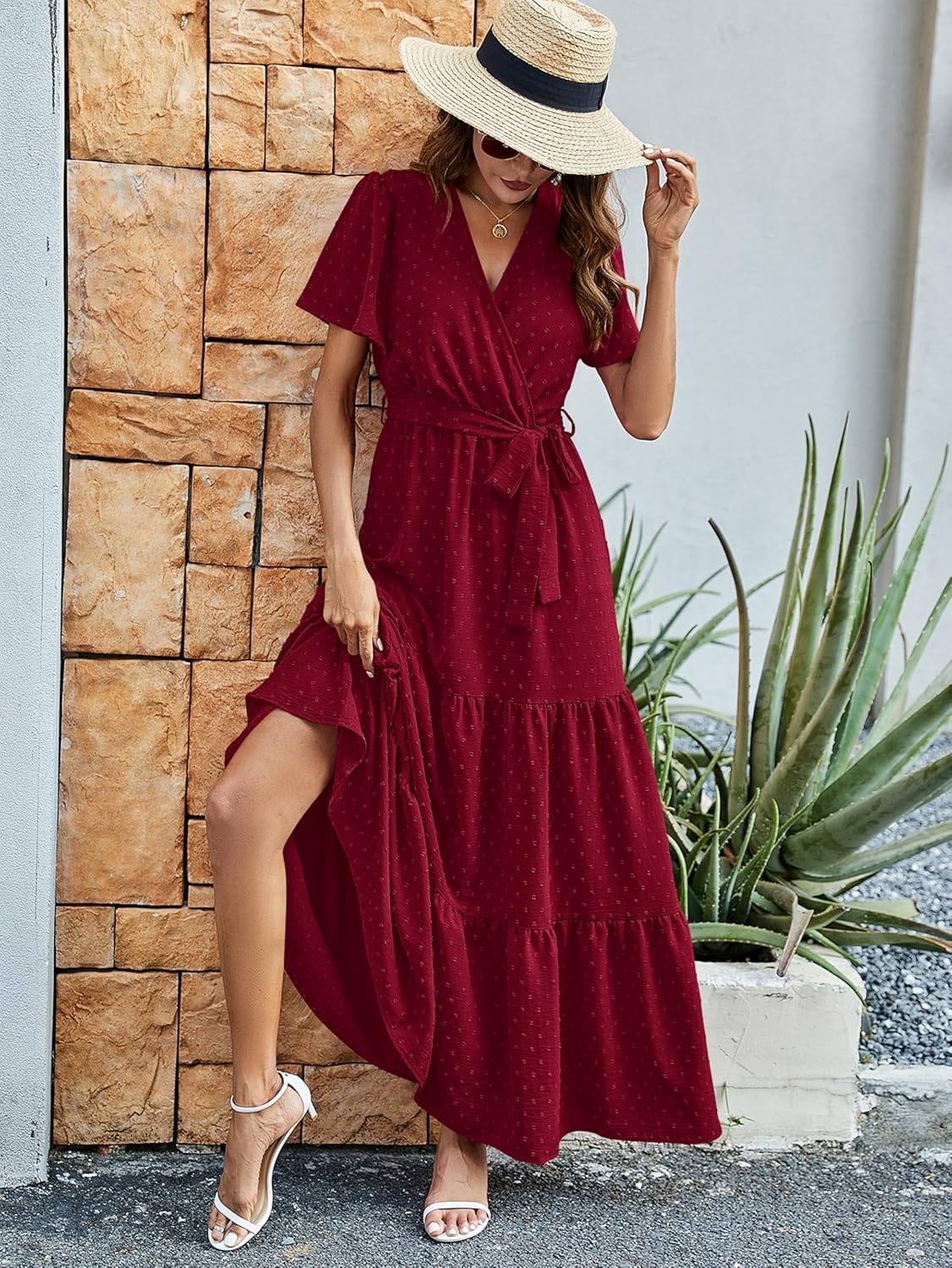 MASCOMODA Womens Boho Swiss Dot Maxi Dresses Wrap V Neck Flutter Short Sleeve Solid Tie Belt A Line Tiered Flowy Long Dress